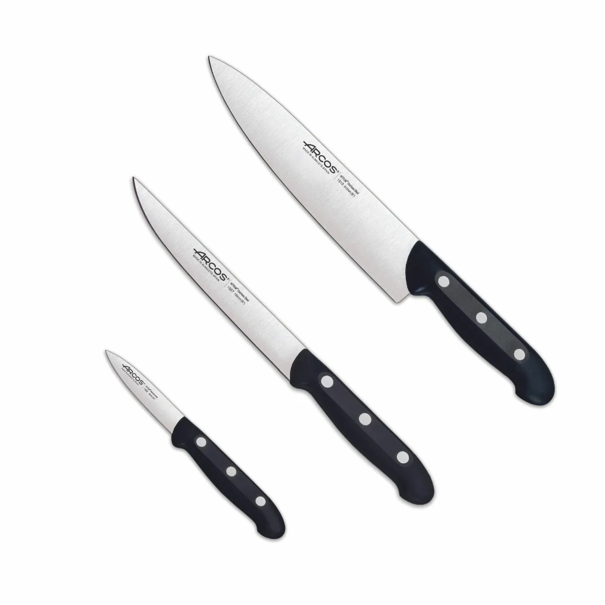 Arcos maitre series - 3-piece kitchen knife set (browser + kitchen + chef) - nitrum stainless steel blade - black polypropylene handle
