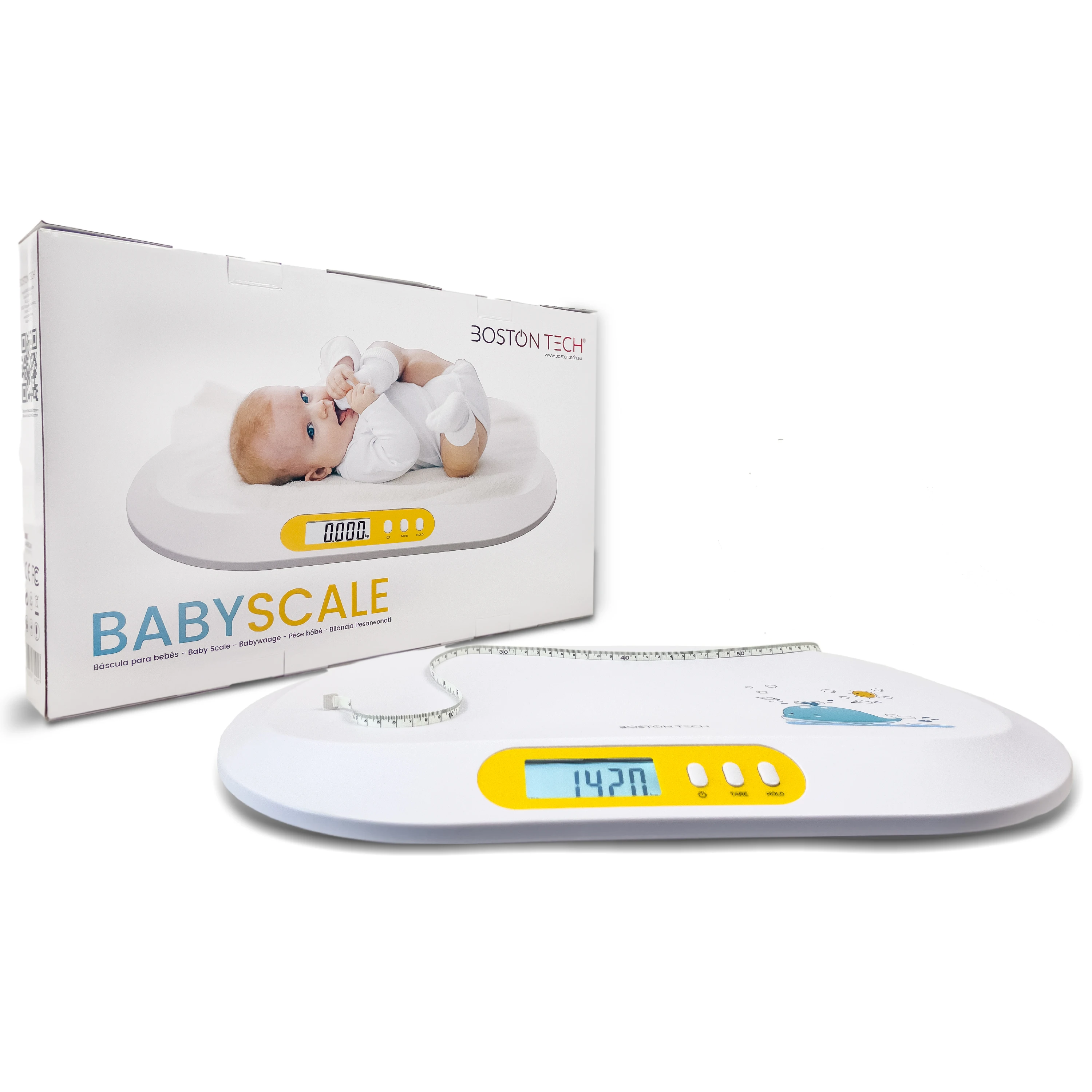 Balanza Digital para Bebés y Mascotas Boston Tech con Pantalla LCD Retro Iluminada, Tara y Tallímetro - Ideal para el Peso de su Recién Nacido - Capacidad 20Kg (44lb) - Modelo BA 104