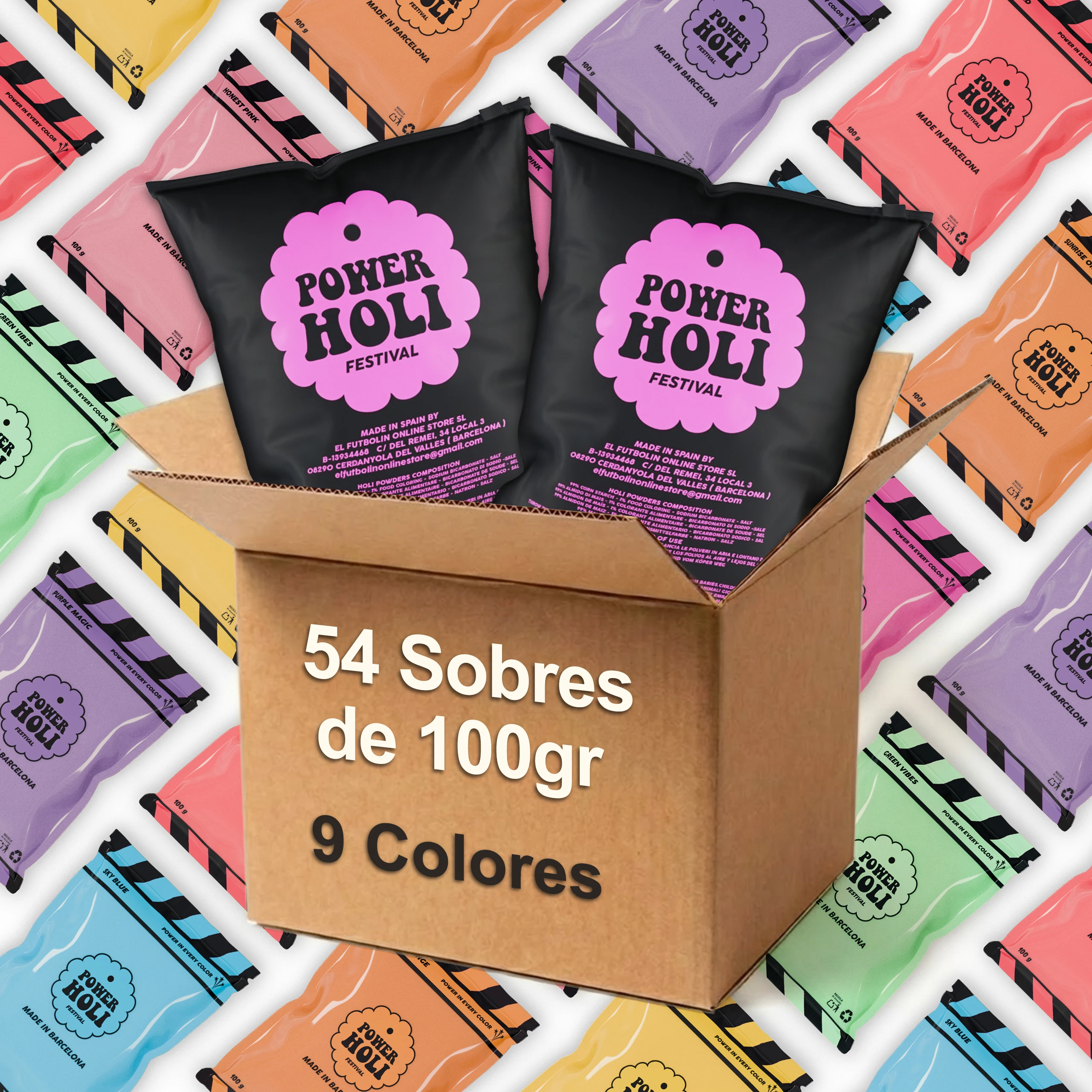 Polvos de Colores Fiesta Holi | 54 Sobres Abrefacil de 100 gr | 9 Colores | Polvos Fiesta Holi | Fotografía | Festivales | No Tóxicos | POWER HOLI FESTIVAL