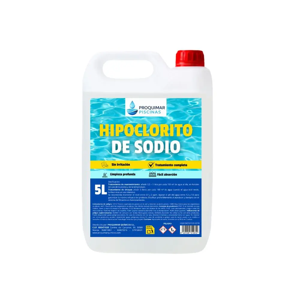 Hipoclorito de Sodio 15%. Líquido para Piscinas - Saneamiento de Agua | Elimina Algas, Bacterias y Malos Olores | Uso Profesional y Doméstico | Alto Rendimiento