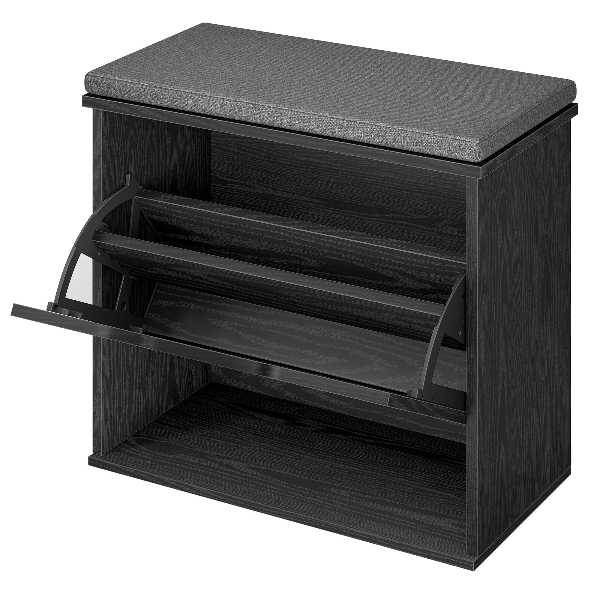 VASAGLE Banco Zapatero Acolchado, Mueble de Recibidor de 3 Niveles para 6 Pares de Zapatos, Cajón Abatible, 30 x 60 x 53,5 cm, para Entrada, Dormitorio, Negro Ébano y Gris Pizarra/Blanco Nube y Gris