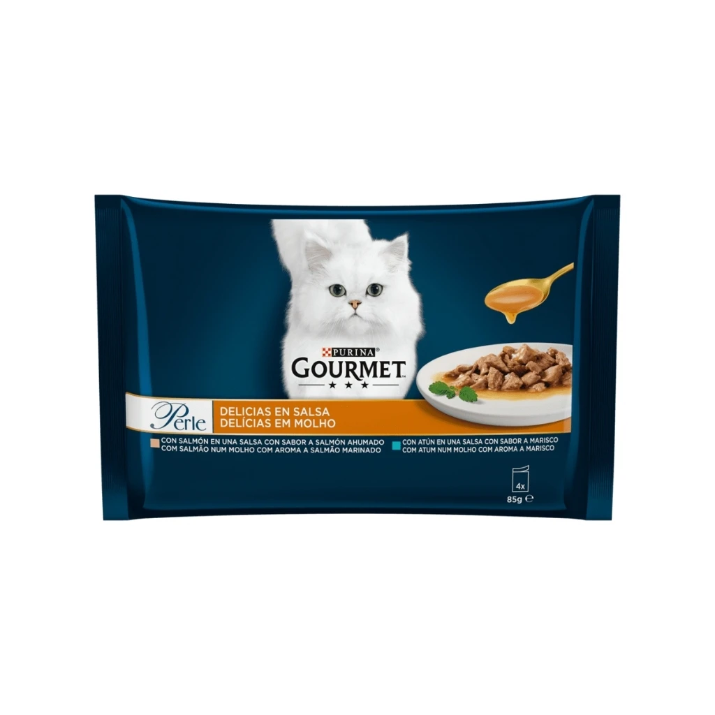 GOURMET Perle (4x85 gr) Delicias en Salsa - Alimento Húmedo Completo para Gatos Adultos (Salmón y Atún)