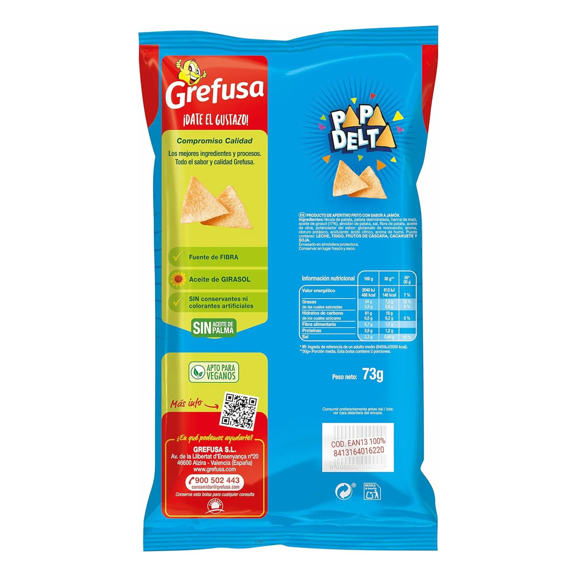 Grefusa papadelta snack ham flavor pack – pack of 8 individual bags of triangular potatoes – crispy snack – ideal for snacking – bag 73g x 8
