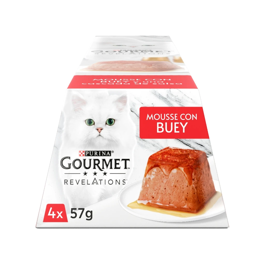GOURMET Revelations Mousse con Buey (4x57gr) - Comida Húmeda en Pirámide con Salsa para Gatos Adultos