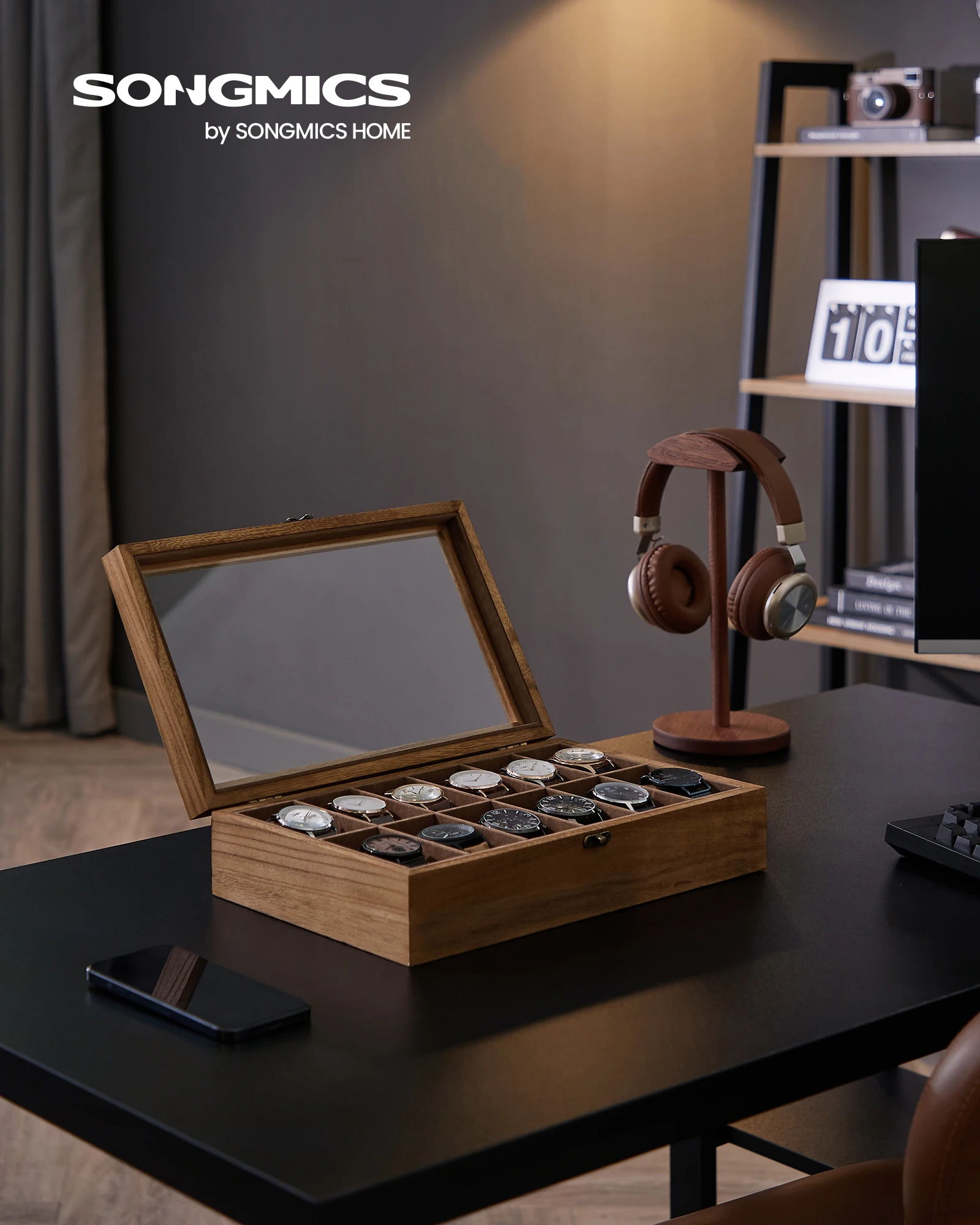 Songmics watch box with 12 compartments, solid wood watch box, with glass lid, watch cushion, gift for loved ones, rustic walnut/ebony black/ink black, christmas gift #2