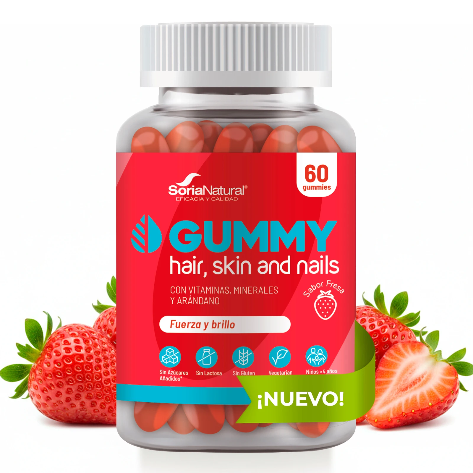 Gummy Hair, Skin & Nails Soria Natural – Cabello, Piel y Uñas con Biotina, Zinc, Selenio y Vitaminas C y E – Sabor Fresa – 60 Gominolas