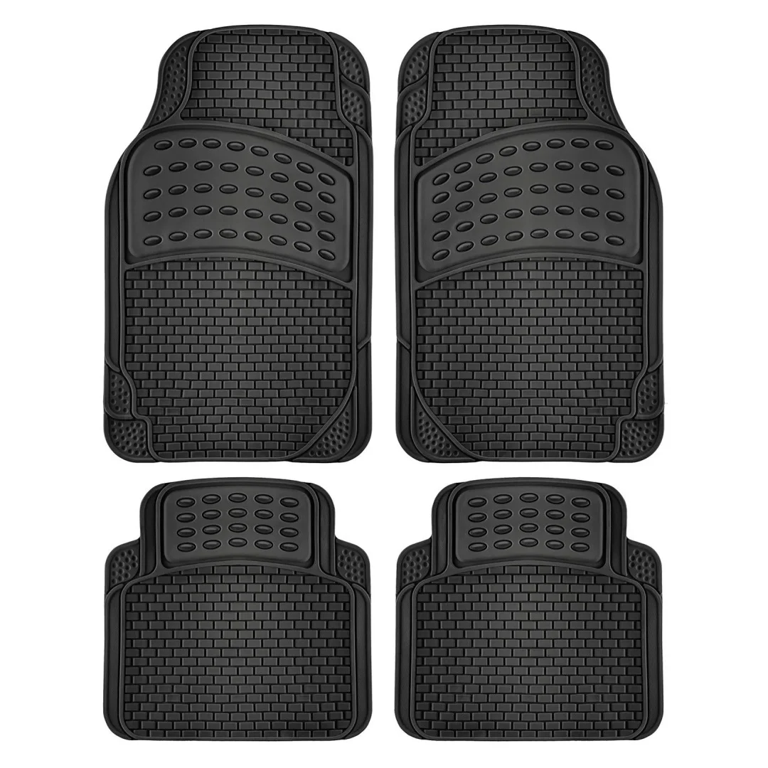 Complete Set of 4 Non-Slip Rubber Car Mats, Universal and Trim-to-Fit for Front and Rear, Black Color, Easy to Clean and Water Resistant, Offering Full Protection for Vehicle Floor.