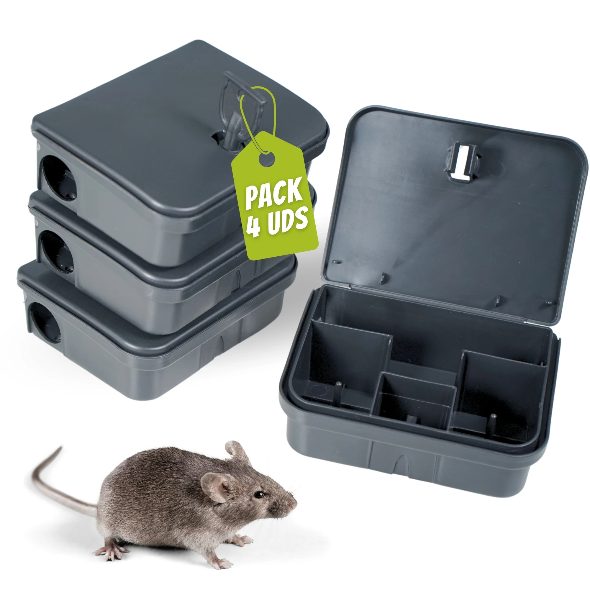 DECEVI - Pack de 4 u 8 Portacebos para Ratones con Llave de Seguridad - Control de Plagas de Roedores en el Hogar