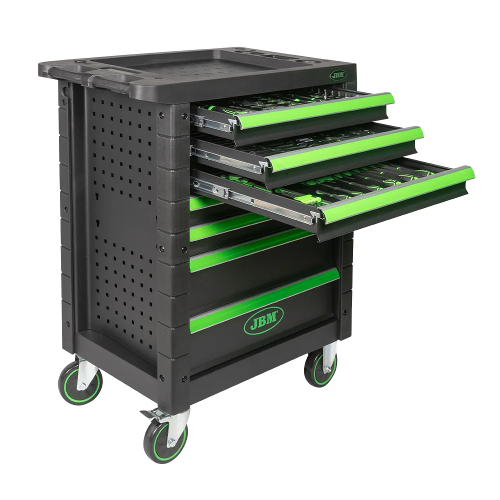 JBM 53904 tool cart 7 drawers and wheels central locking system. With 2 rotating and 2 rigid wheels. Individual closure tab per drawer. Total measurements 775x466x960mm Series 1 cart [173 tools]