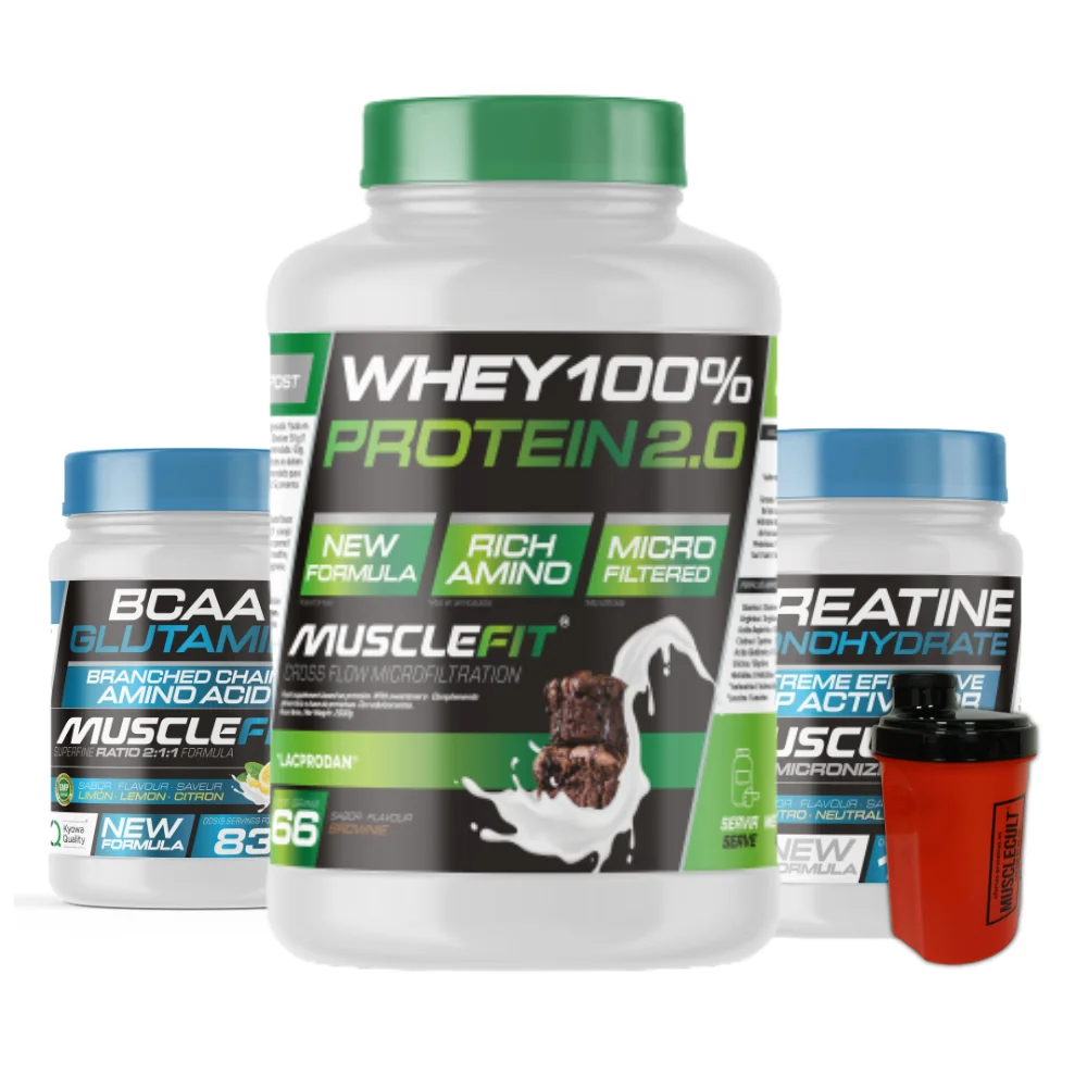 Pack super saving protein Whey 2kg creatine monohydrate 300g glutamine BCAA 500g Shaker (gift) Musclefit MUSCLEVIP