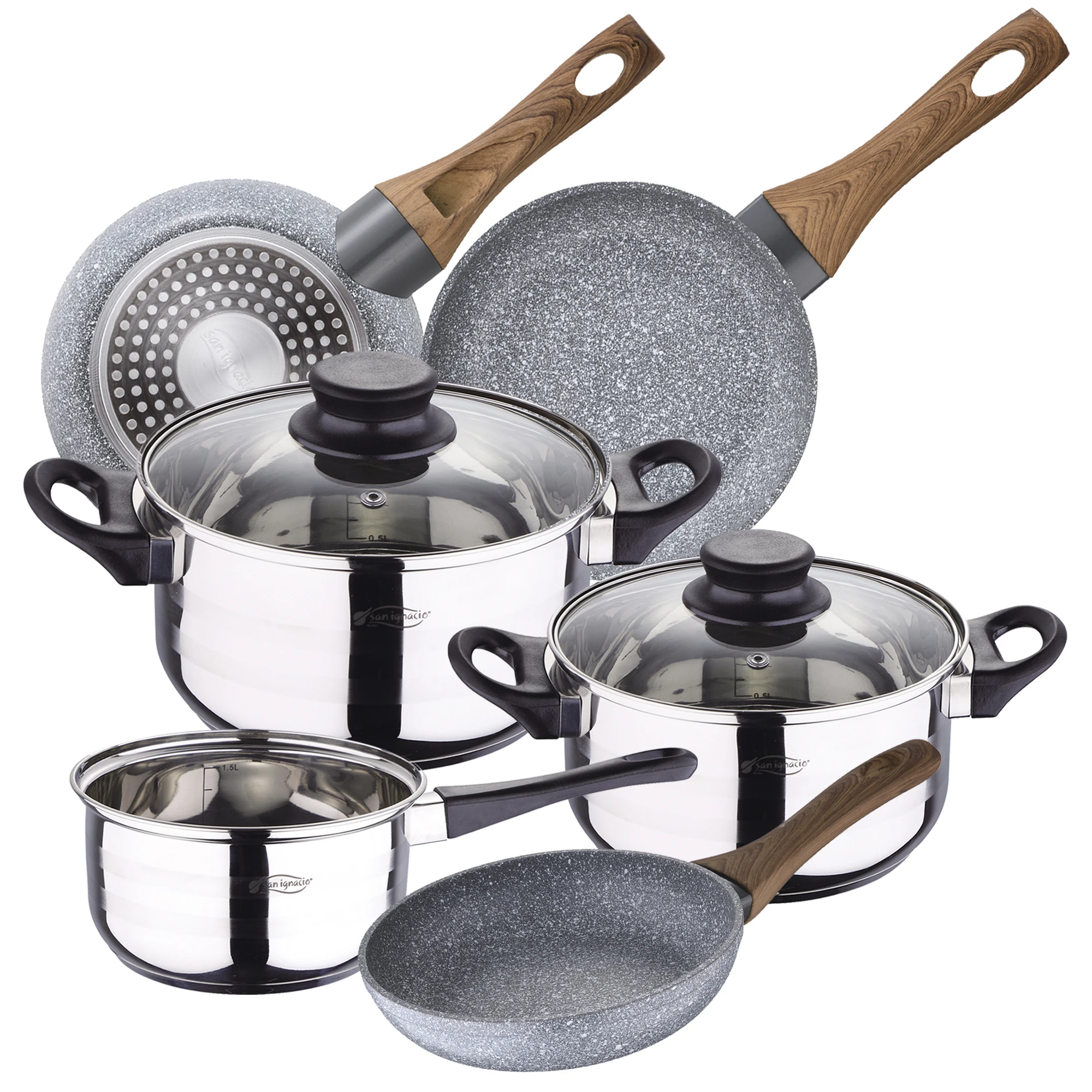 Batería de Cocina 5 Piezas San Ignacio de Acero Inoxidable con Sartenes Daimiel en Aluminio Forjado