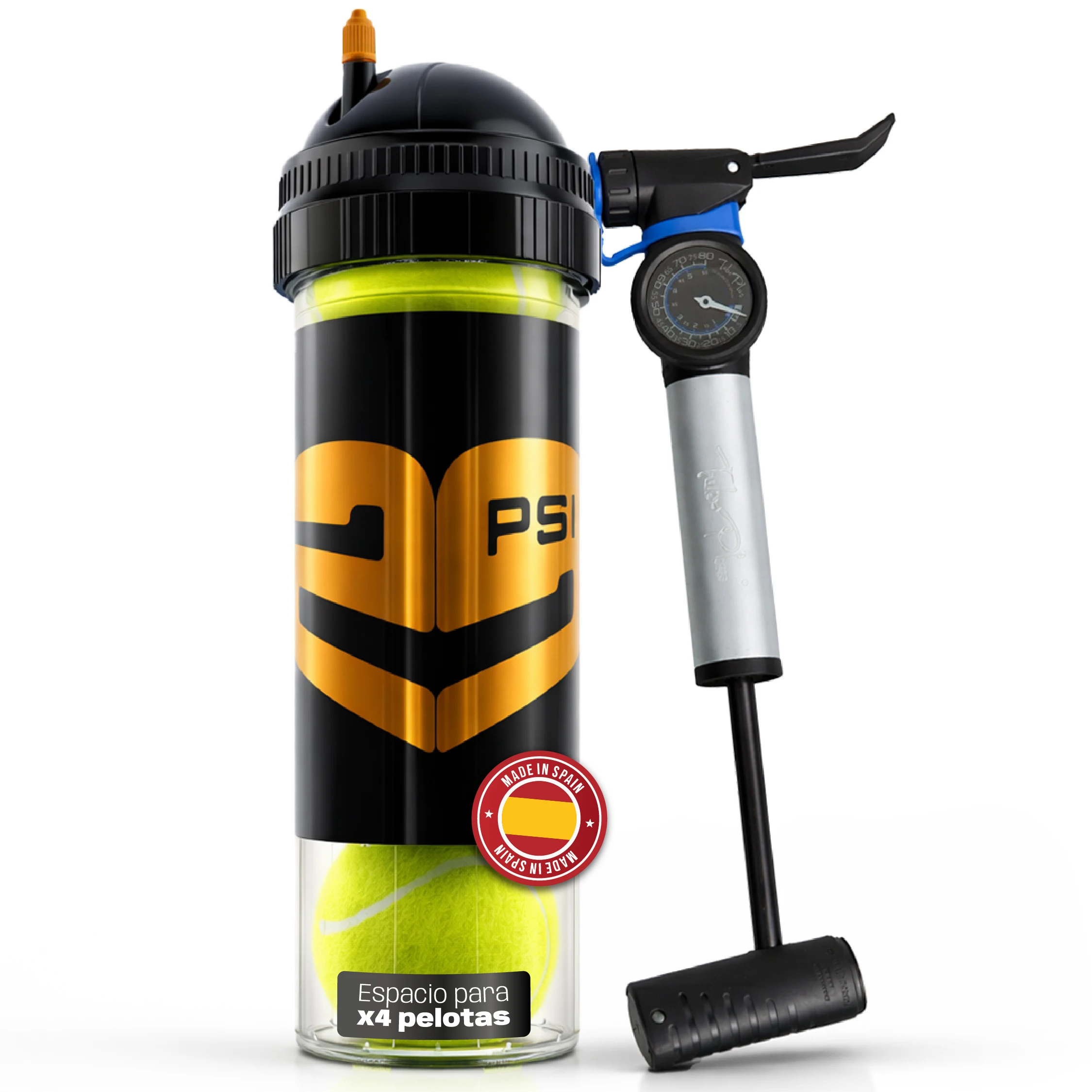 Tuboplus 29PSI X4-e + bomba de aire de 27cm |  Presurizador de Pelotas de Tenis y Padel