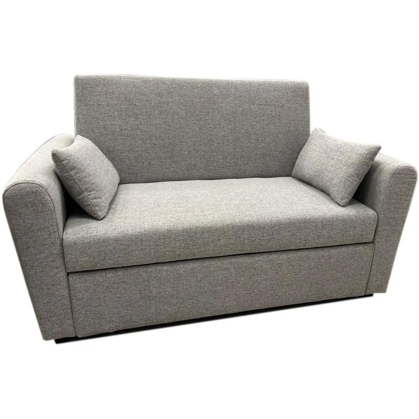 SOFA CAMA TAPIZADO EN TELA ANTIMANCHAS GRIS. PRACTICO Y COMODO, IDEAL PARA ESPACIOS REDUCIDOS