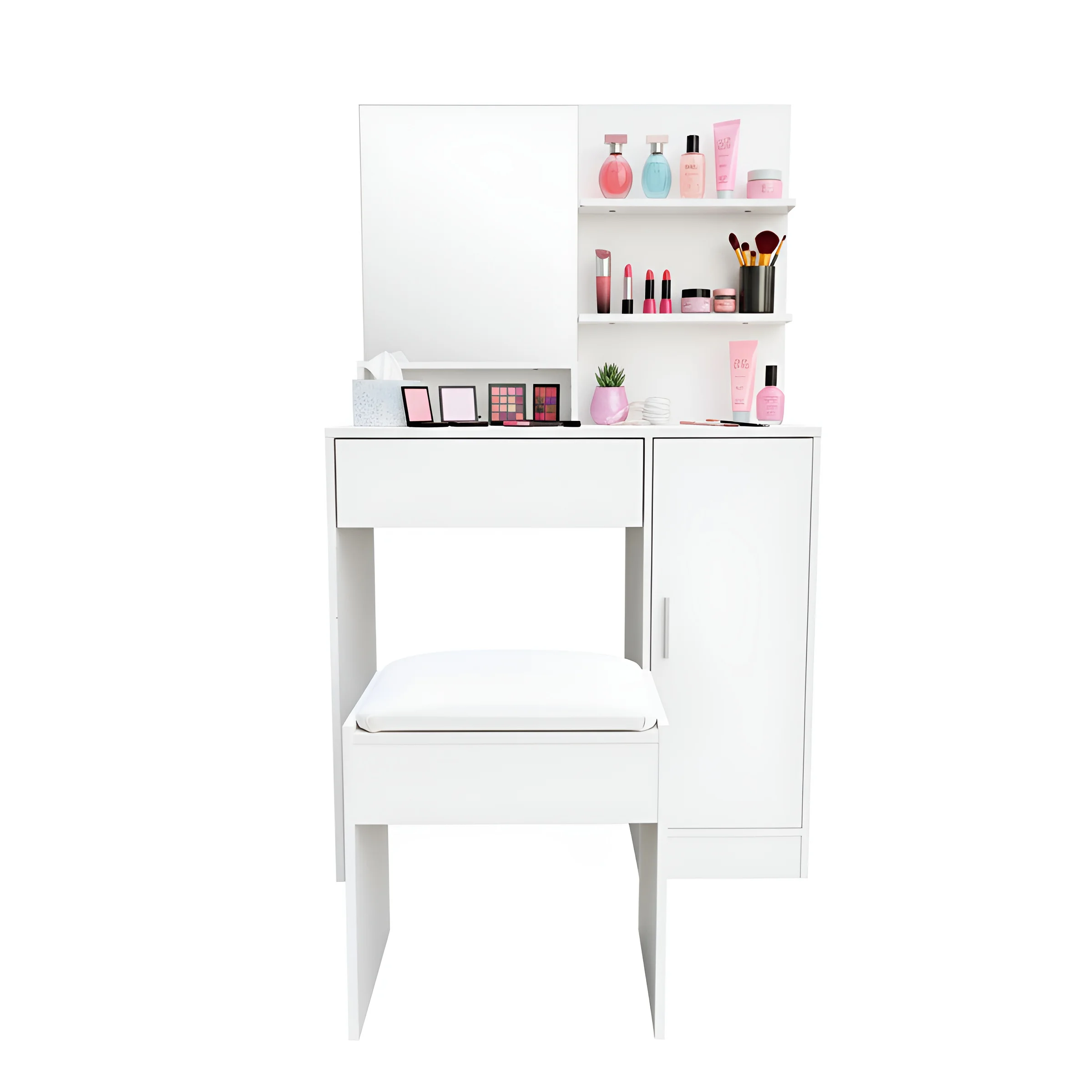 Tocador blanco con espejo 80x40x132 cm | Taburete, Estantes abiertos, Cajón y Armario con baldas ajustables | Mesa de maquillaje moderna y funcional para dormitorio o habitación juvenil | Diseño