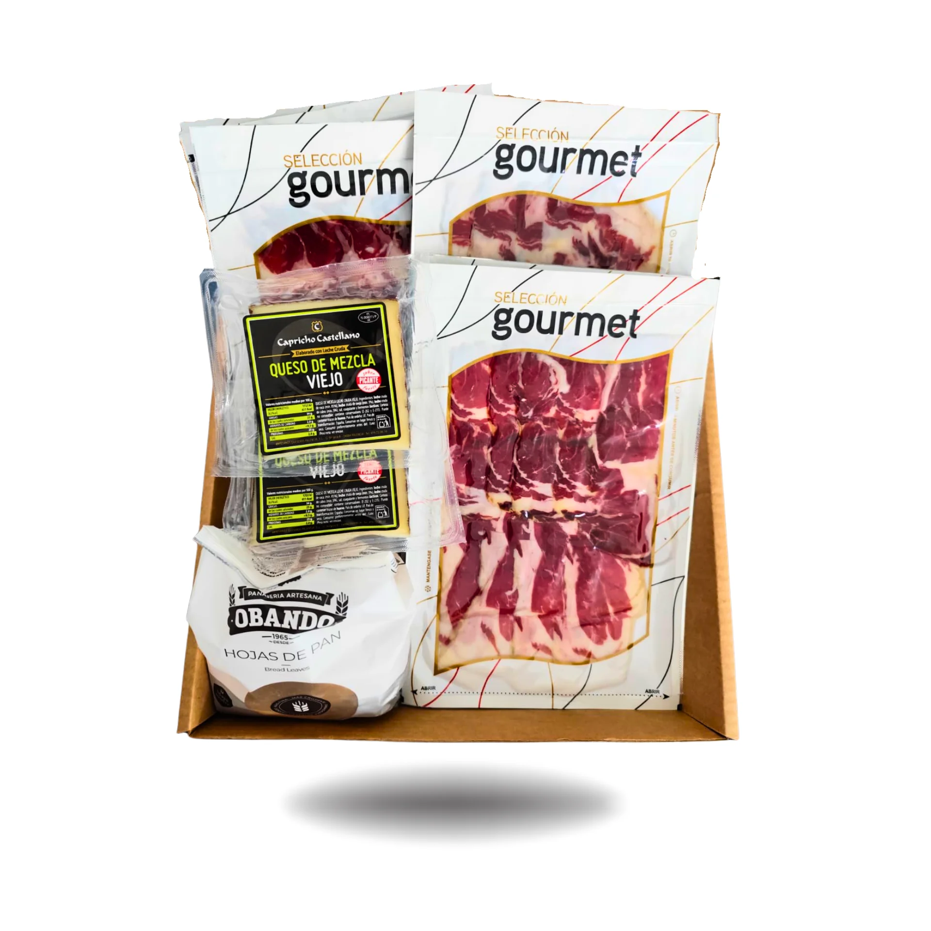 Cesta 1,5Kg paleta bellota 50% raza ibérica, regalo 2 cuñas de queso capricho castellano y hojas de pan Obando