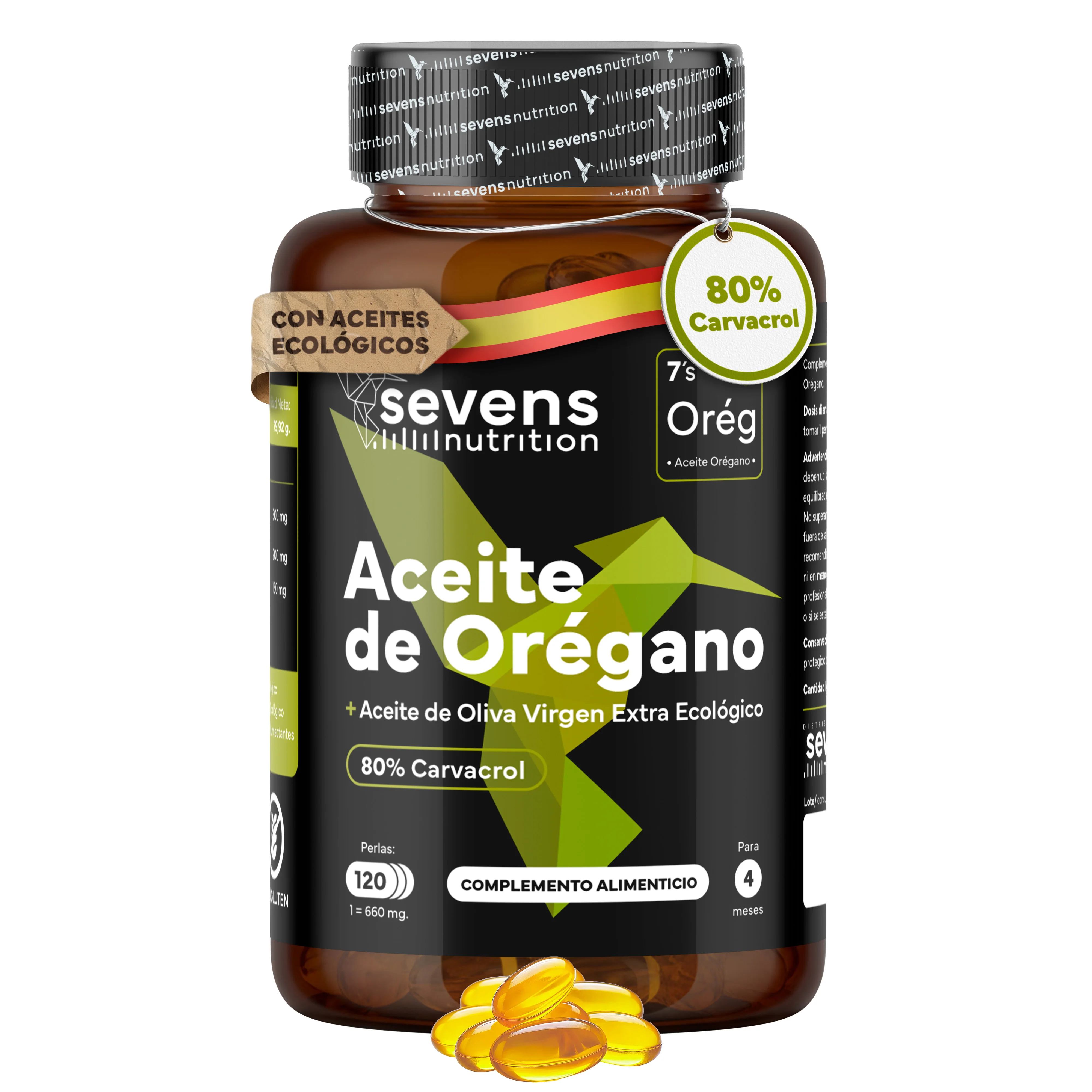 Aceite de Orégano 200 mg – 80% Carvacrol – Con Aceite de Oliva Virgen Extra – 120 Cápsulas Blandas – Sevens Nutrition