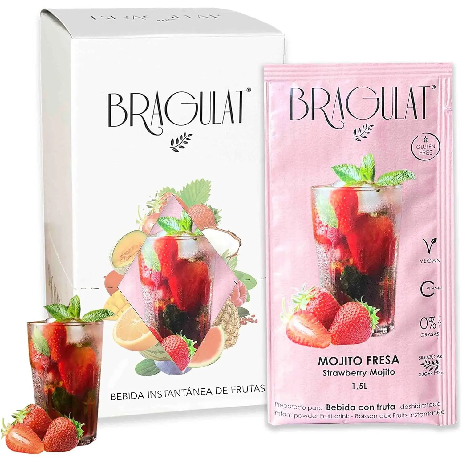 BRAGULAT | MOJITO flavor fruit drink with strawberry | Instant drinks and soft drinks powder | No sugar, with fruit and vitamin C | Water flavored with Strawberry Mojito