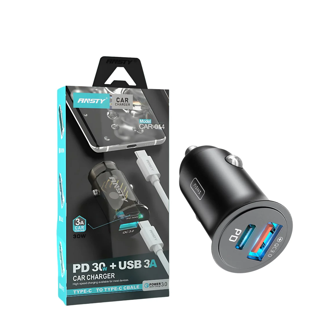 ANSTY CAR charger CAR-014 with Type C to type C Cable, 30W PD + 18W QC-fast charge with blue LED indicator