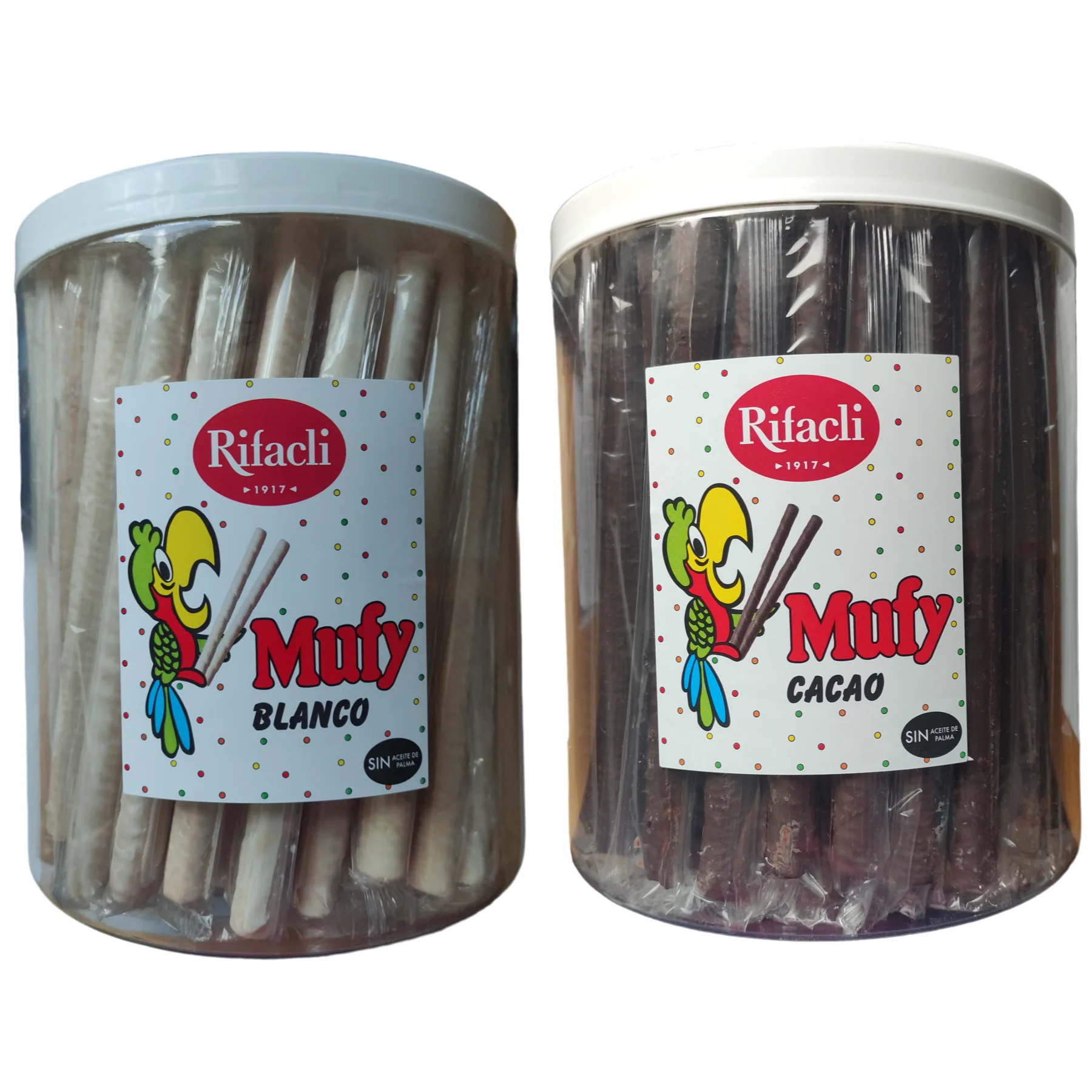 Mufy Barquillos Pack Blanco+Cacao  Envoltorio Individual 2x90 ud (2 Tarros 900 g Total 1800 g)