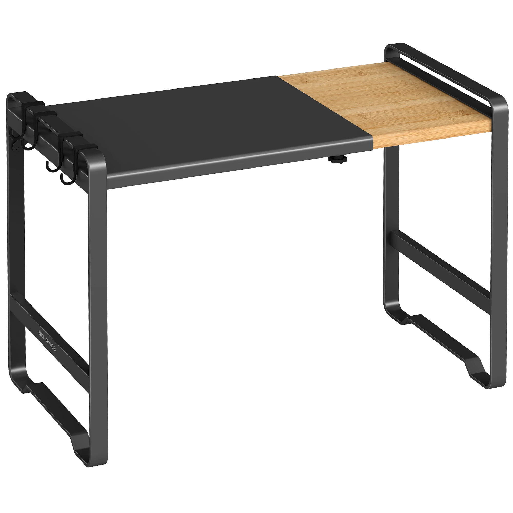 SONGMICS Estante Expandible para Microondas, Soporte para Microondas, Anchura Ajustable 41,5-64 cm, para Cocina, Acero y Bambú, 4 Ganchos, Negro Tinta y Bambú Claro/Blanco y Bambú