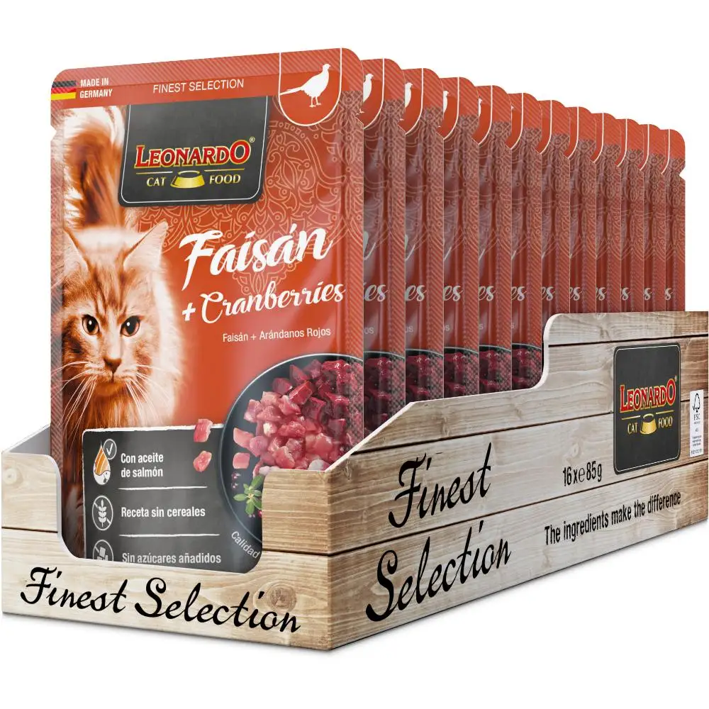 Leonardo Menú Faisán y Arándanos  Sobres para Gatos - 16 unidades x 85 gr