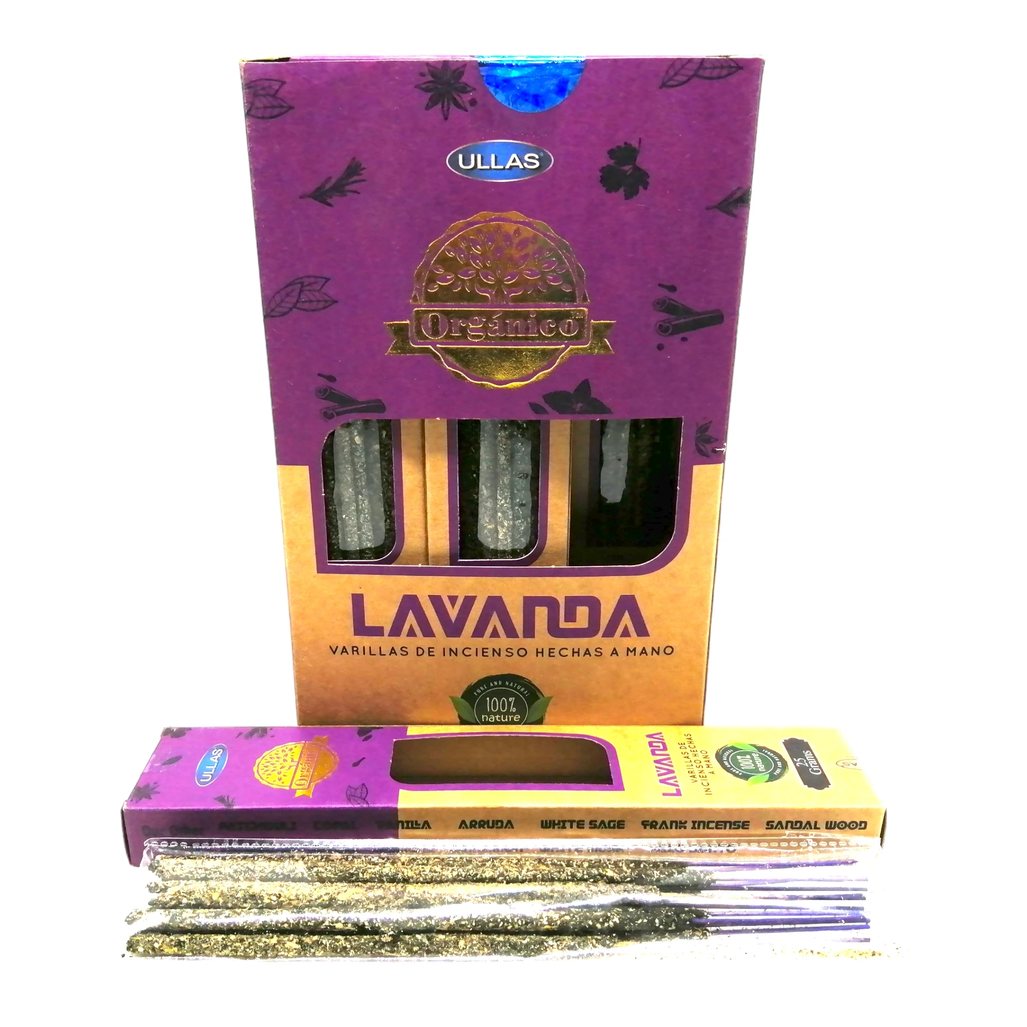 Incienso Natural Orgánico Lavanda Ullas - Varillas Hechas a Mano - Caja Completa 12 Cajitas x 25 g (300 g) - Hecho en India