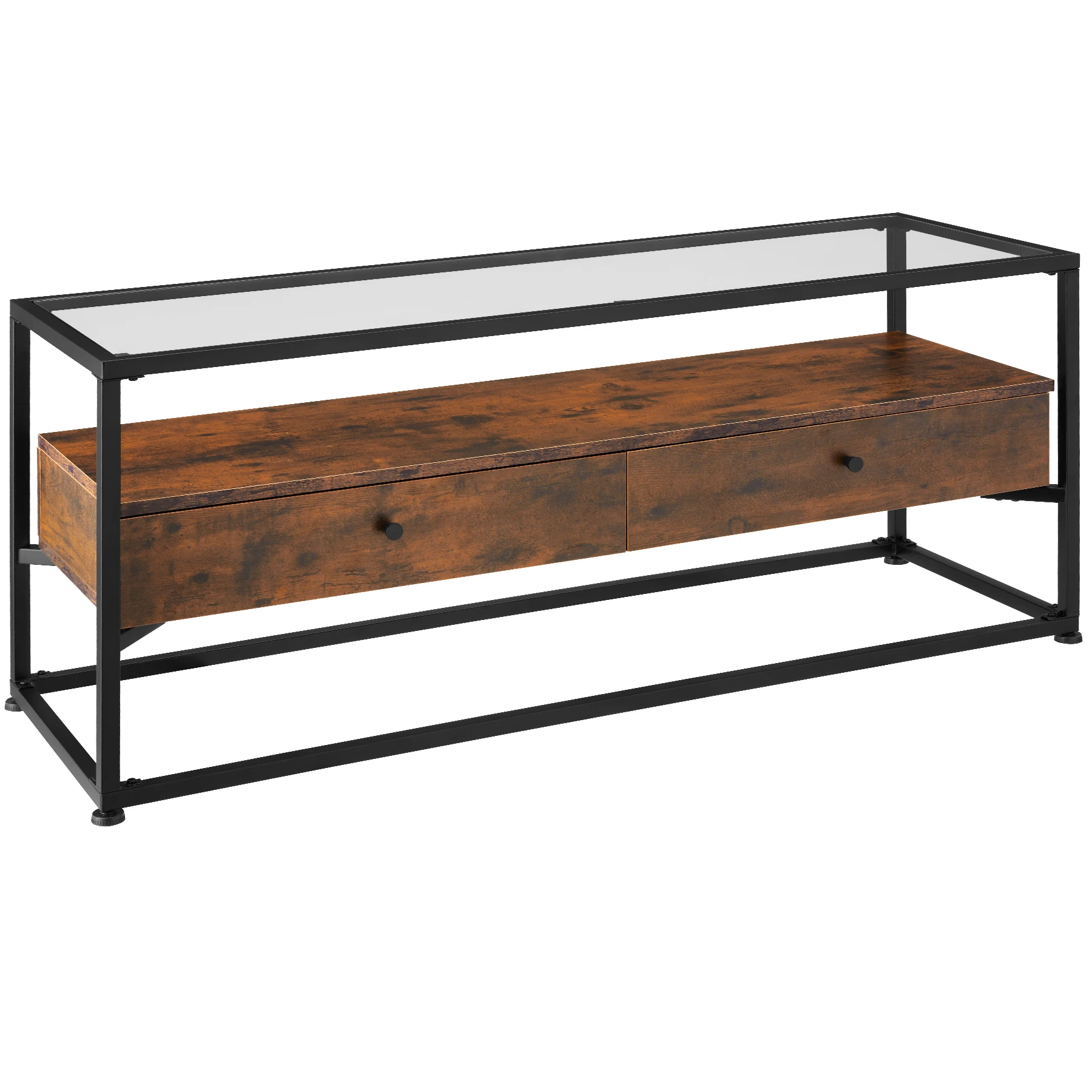 Tectake - Mueble bajo para televisor Maidenhead 121,5 x 41,5 x 50,5 cm  De estilo industrial  Tablero extraíble de vidrio de seguridad y dos cajones grandes  Aglomerado efecto madera con recubrimiento