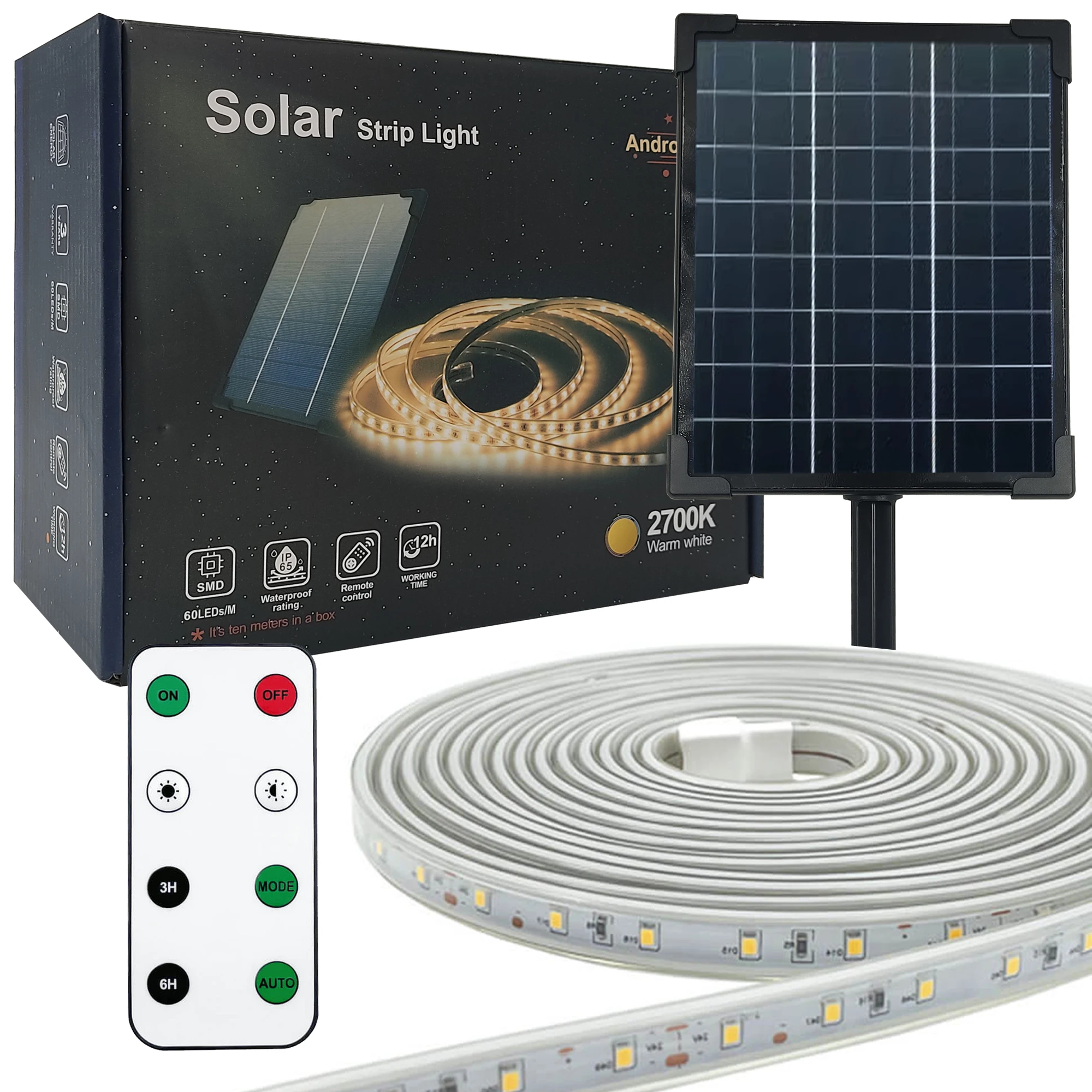 Tira de Luz Solar Exterior Regulable, 3.2V, Flexible, Impermeable IP65, Luces Led con Mando a Distancia y Pica para jardín, Luz cálida 2700K