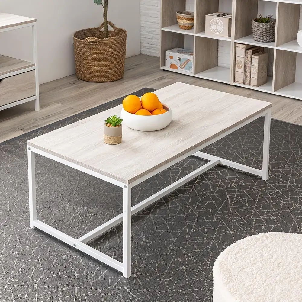Lola Home Mesa de centro de acero y madera MDF en blanco y natural de 100x50x36 cm