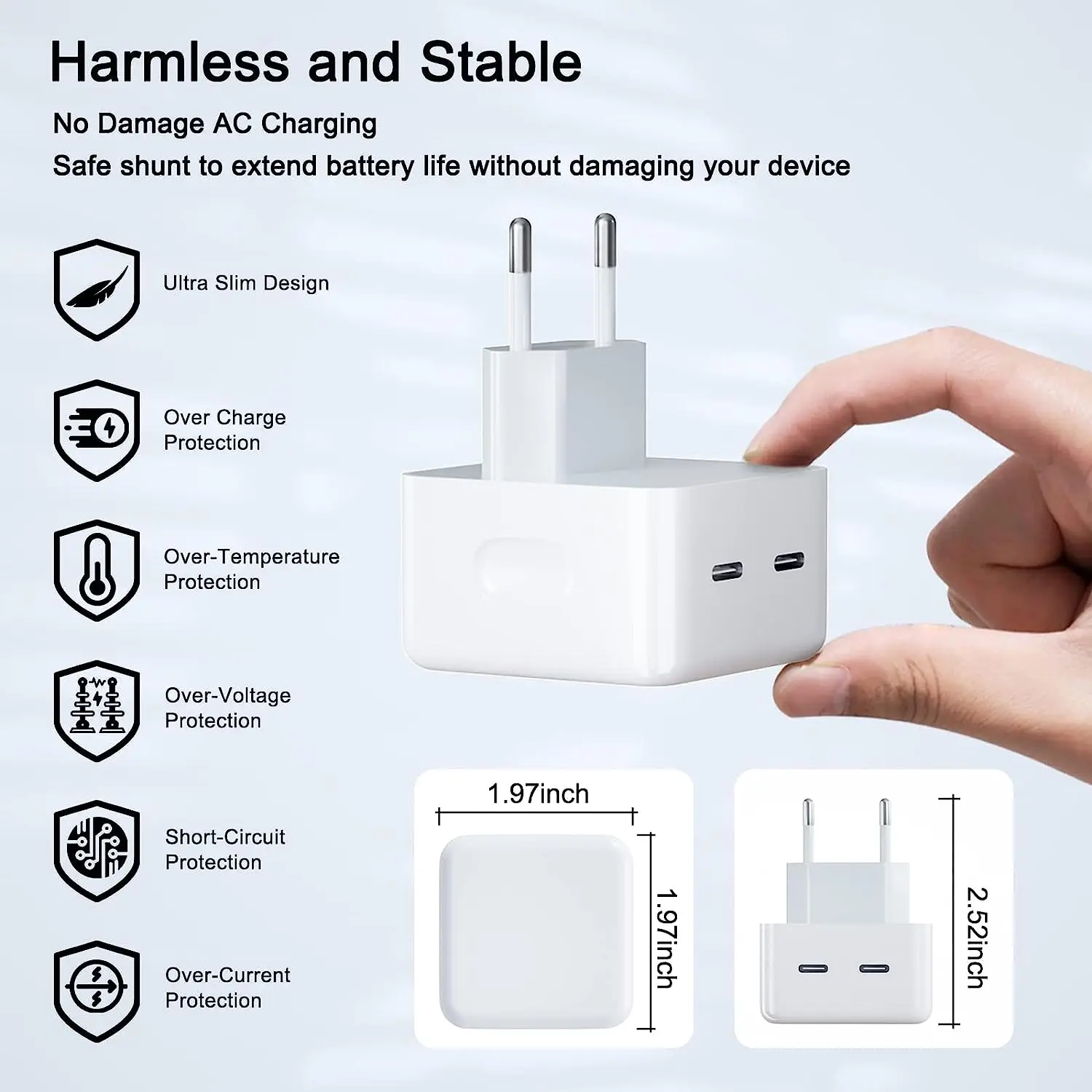 FGNS quick charger 35W dual port type C power adapter dual port type C fast charging 35W QC3.0 PD3.0, 35W dual Type C port quick charger with Cable Compatible with iPhone 12/13/11/XR/XS/X/8,Pad, Pro/Air, Galaxy