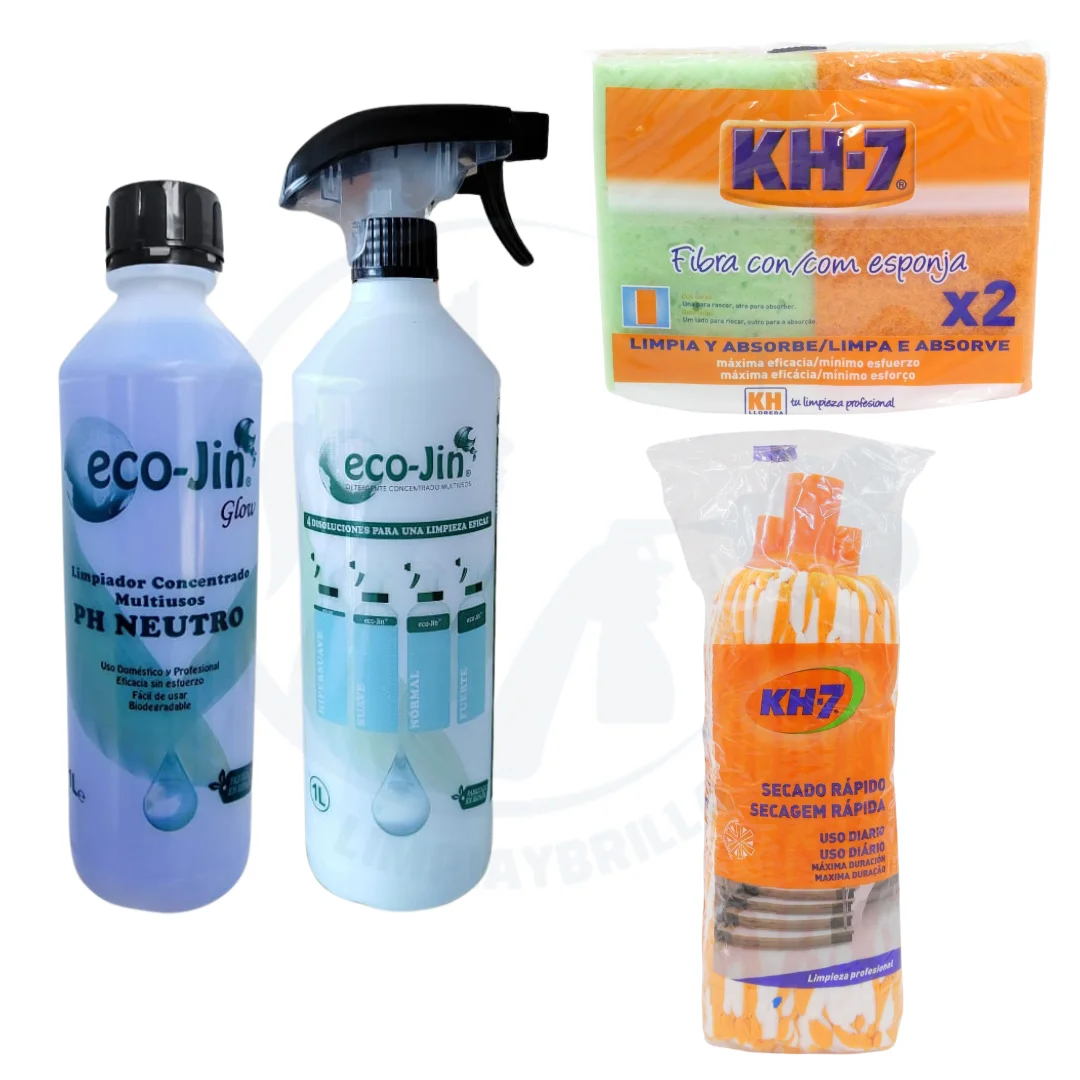 Ecojin Glow pH Neutro + Estropajo Fibra con Esponja KH7 y Fregona Microfibra Secado Rápido KH7 Quitamanchas Multiusos para Todas las Superficies. Producto Original de Laboncler, Limpia y Brilla con Eficiencia