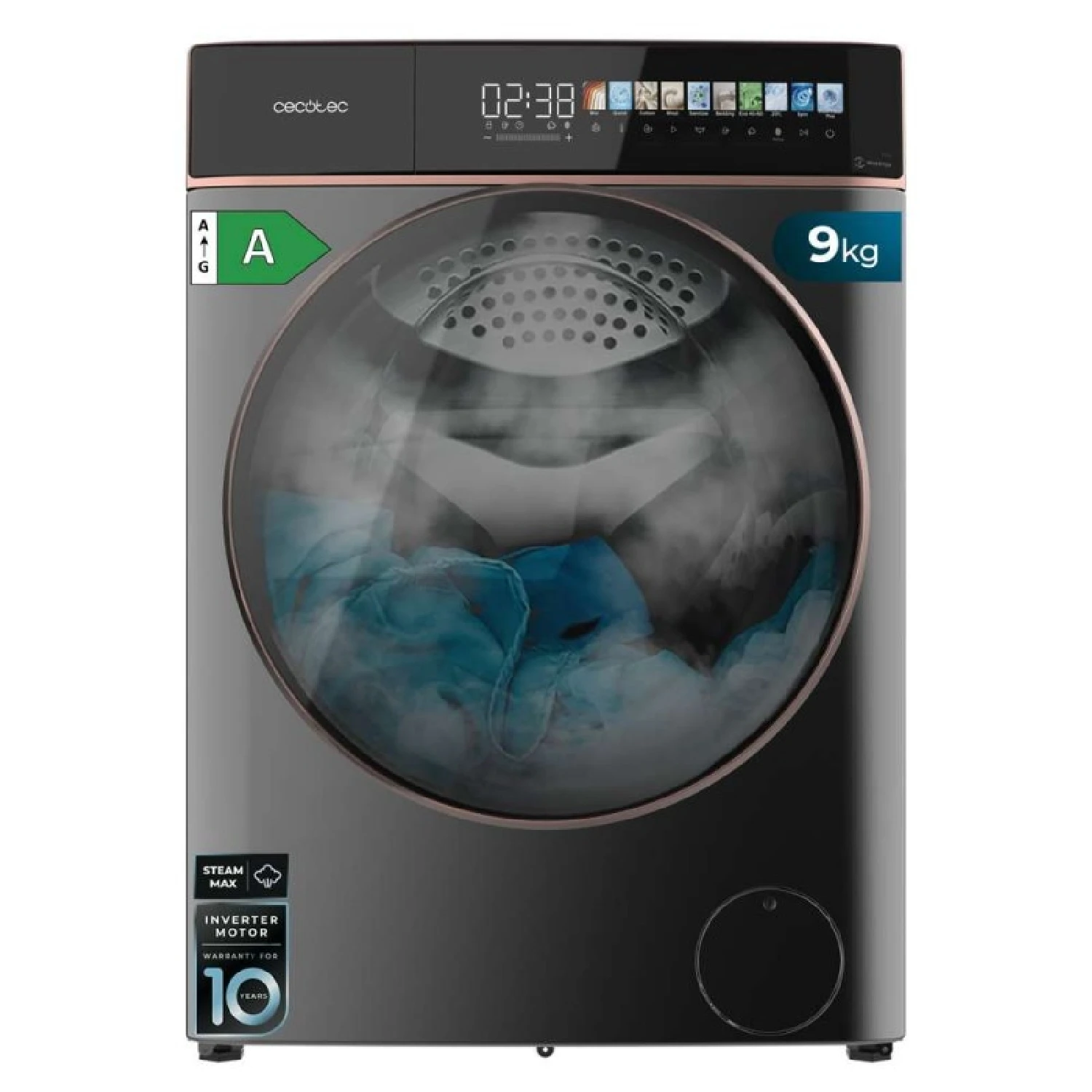 Cecotec Lavadora 9Kg Carga Frontal Bolero DressCode 9900 Inverter FullColor Steel A. Acabado En Acero 1400 Rpm, Pantalla 10,3"