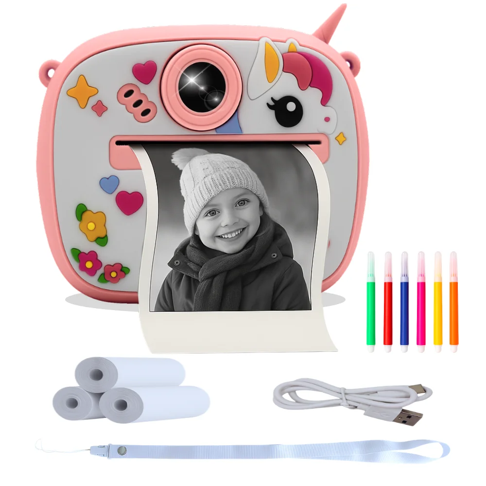 R'S WARE - Cámara instantánea para niños con diseño de unicornio rosa, 1080P, selfie, vídeo HD, música MP3 y 4 juegos integrados, incluye 3 rollos papel térmico y 6 rotuladores