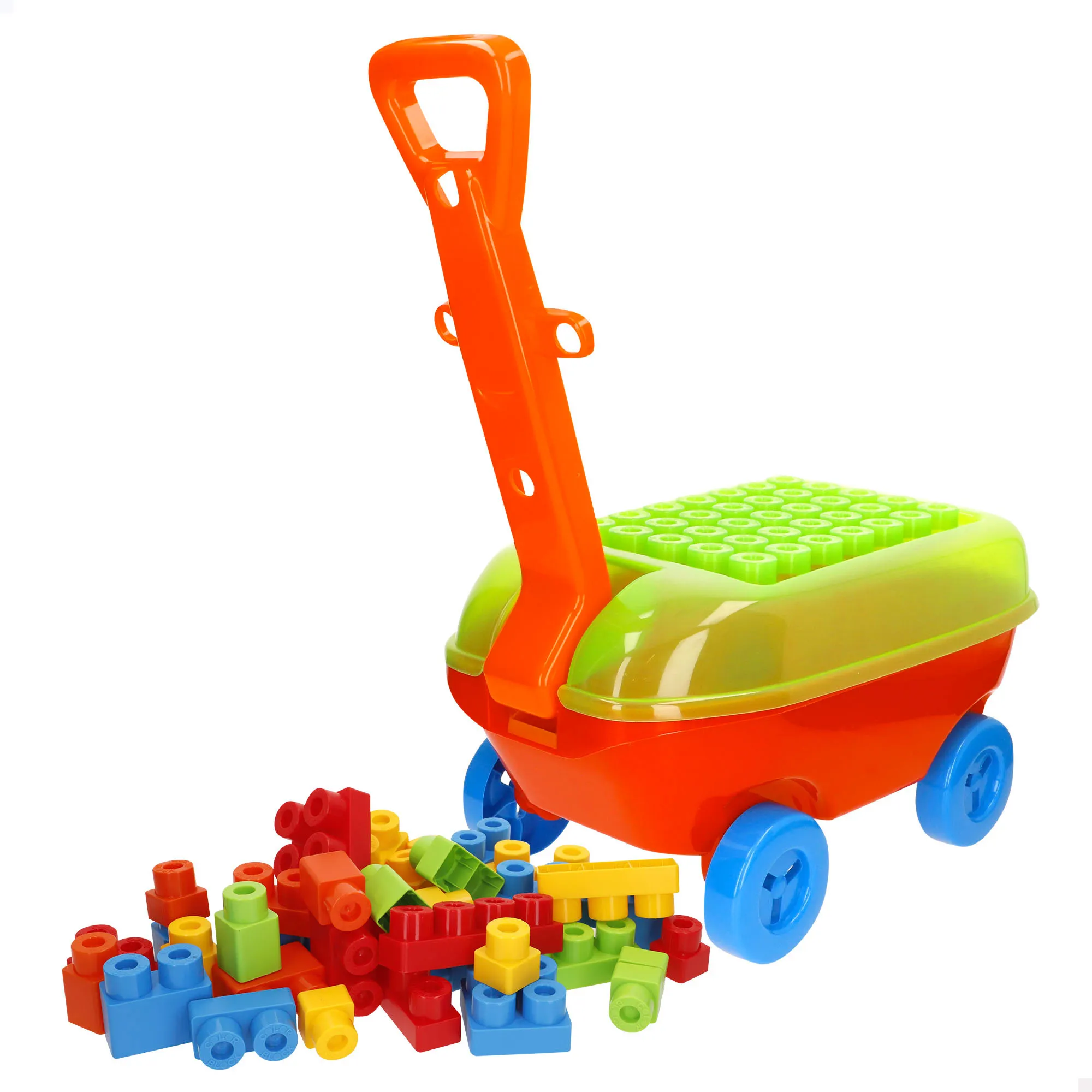 Color Block - Vagoneta con 50 bloques de construcción para niños +18M, piezas grandes y coloridas, juguete de arrastre con ruedas y asa para desarrollar la motricidad