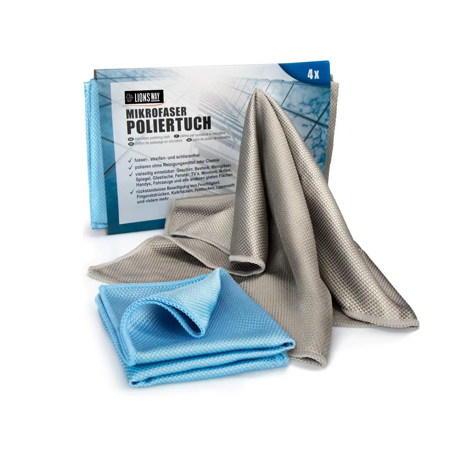 LIONSWAY - Bayeta Cristales Profesional 40x40 – Pack 4, Sin Pelusas, Limpieza Sin Marcas, Uso en Ventanas y Superficies
