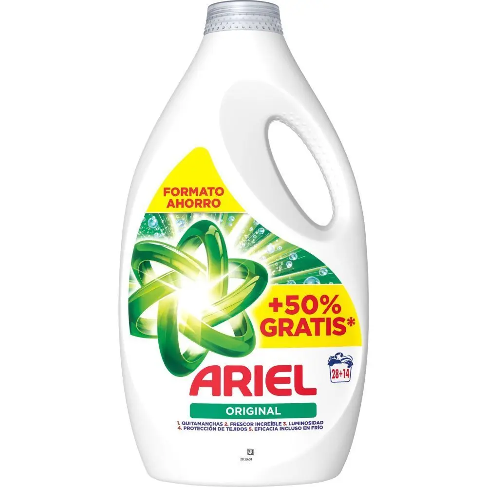 Ariel Original Detergente Líquido 42 Lavados o 84 Lavados : Jabón Con Mayor Eficacia En La Limpieza Para Ropa En Frío Y Acción Antiolor, Ilumina Los Blancos.