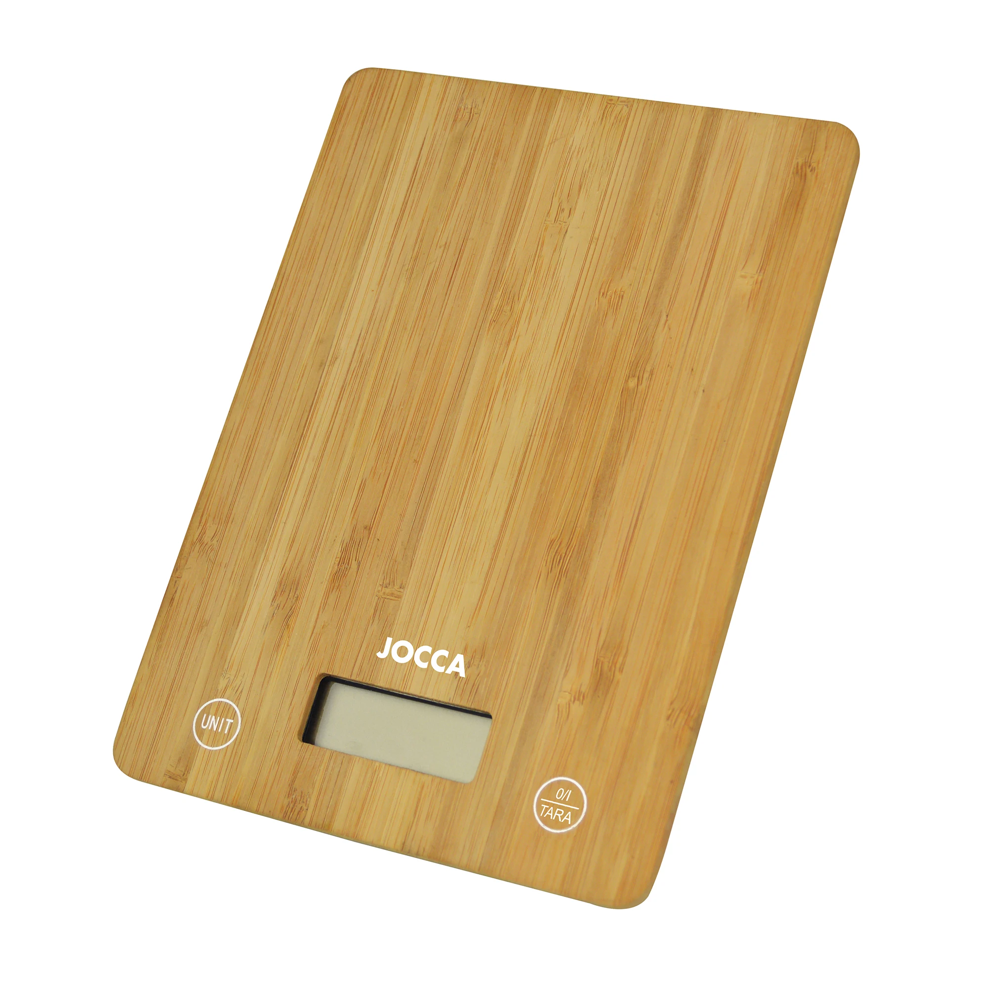 Báscula de cocina digital Jocca de bambú 5kg con pantalla LCD, función tara y unidad, diseño compacto y elegante, precisión para repostería y recetas, fácil limpieza, batería incluida, ideal para