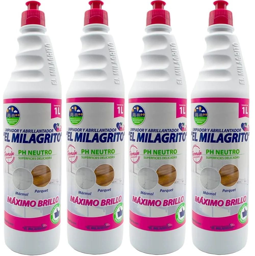 El Milagrito Limpiador Abrillantador Superficies Delicadas 1L (Pack Ahorro 4 Litros) - Maximo brillo, Marmol, parquet, granito y Todo Tipo de Superficies en General, PH Neutro, Limpia sin Espuma, Conserva el Brillo sin dejar Residuos