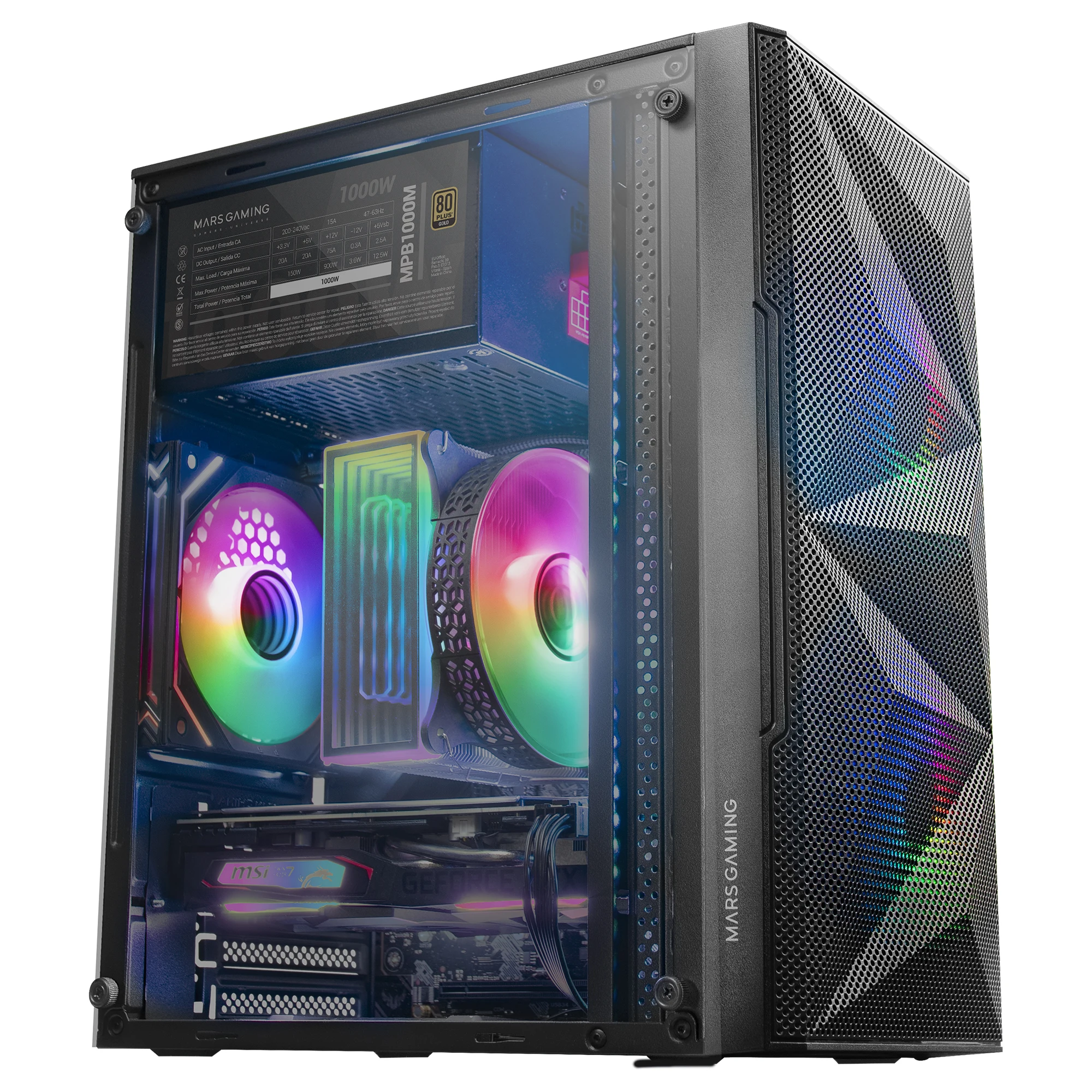 Mars Gaming MC-ME MicroATX Compact Gaming Box Full Side Window Tempered Glass Full Front Design-Geometric Mesh 2X FRGB Fans 120mm