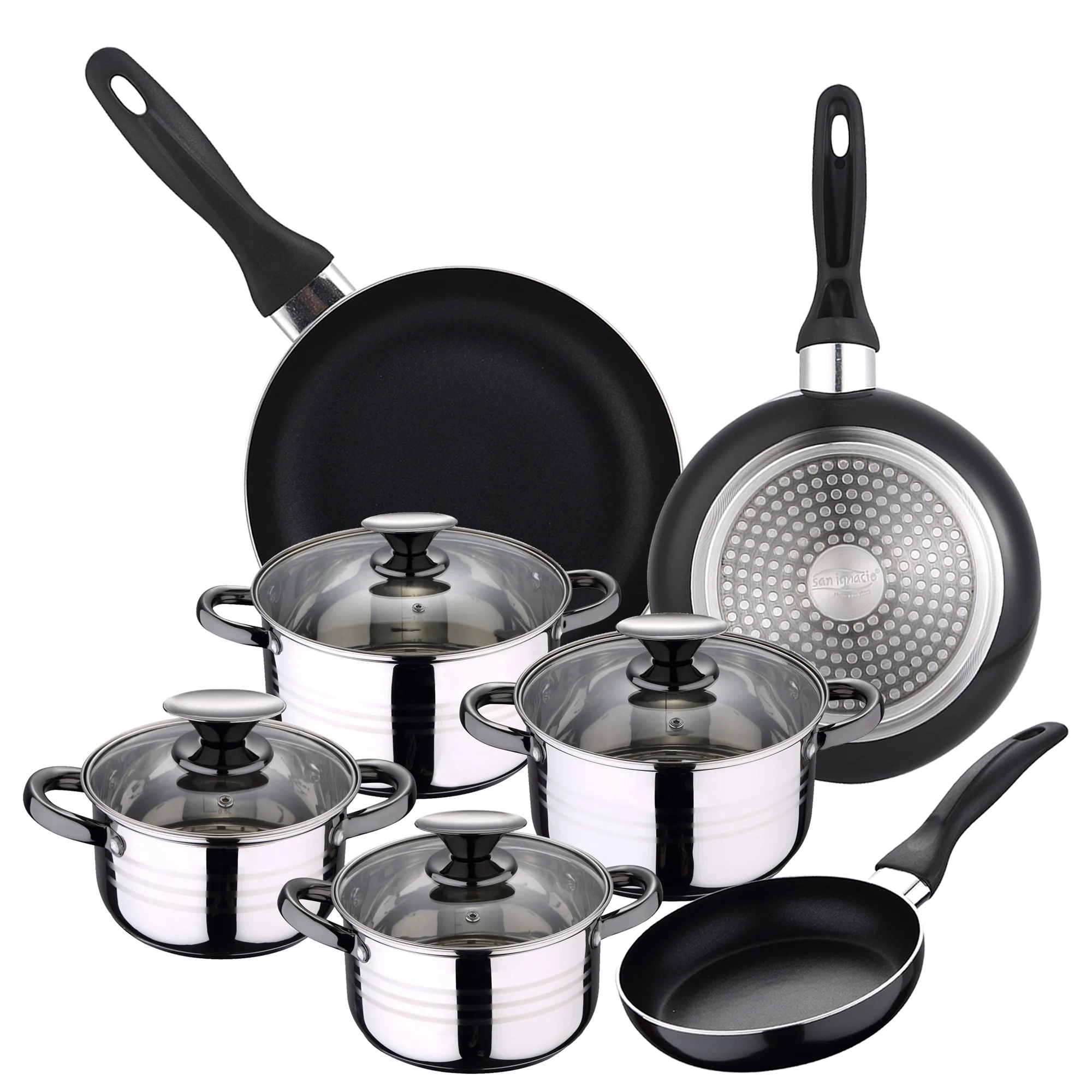 San Ignacio Batería de Cocina Premium 8 Piezas Antiadherente con Juego de Sartenes 16, 20 y 24 Cm Apto para Inducción