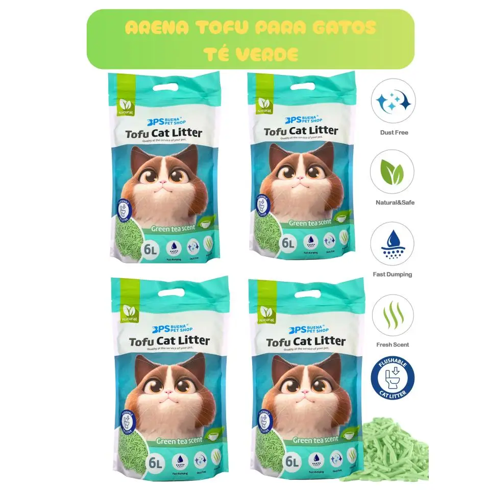 Arena Tofu Té Verde para Gato 1/2/4 pack ahorro, Arena Aglomerante para Gato, Sin Polvo, Fácil de Aglomerar, Se disuelven en Indoro, Arena para Gato