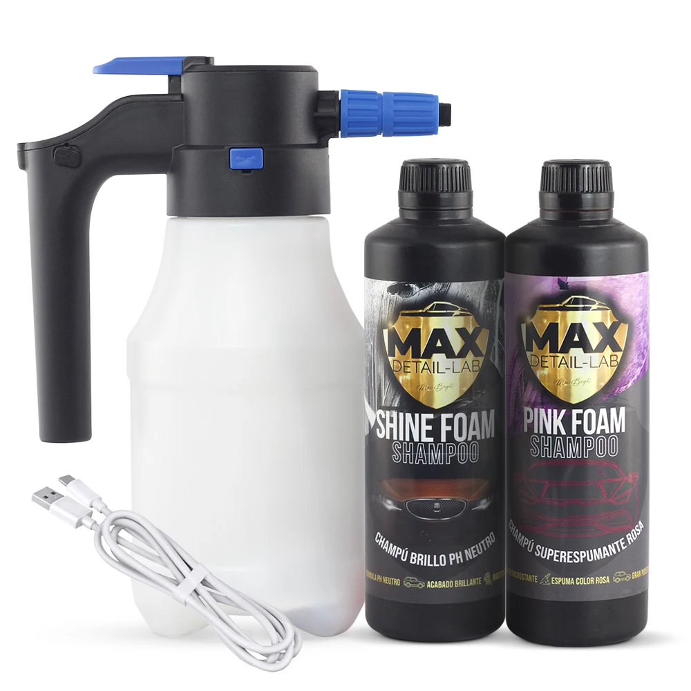 MAX DETAIL-LAB - E-Foam Pack - Kit Limpieza Coche Champú y Pulverizador Eléctrico Automático a Batería Foamer Alta Presión Espuma Activa, Snow Foam Cherry Foam, Productos Exterior Detailing