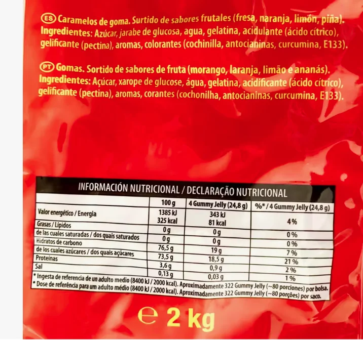 Gummy jelly sweetener 2 kg gummy candies various flavors (strawberry, orange, lemon and pineapple) gluten free