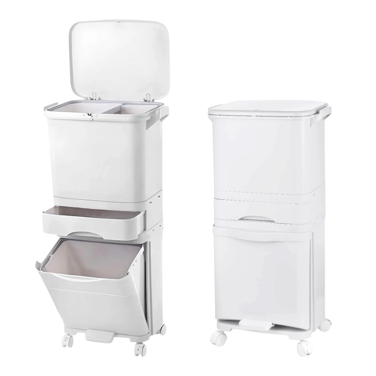 Genérico Cubo de basura de cocina de 43.2 L con 3 compartimentos, cubo de reciclaje grande de pp, sistemas de separación de residuos, cubo de basura con pedal, tapa con ruedas y asa para cocina 43.2L