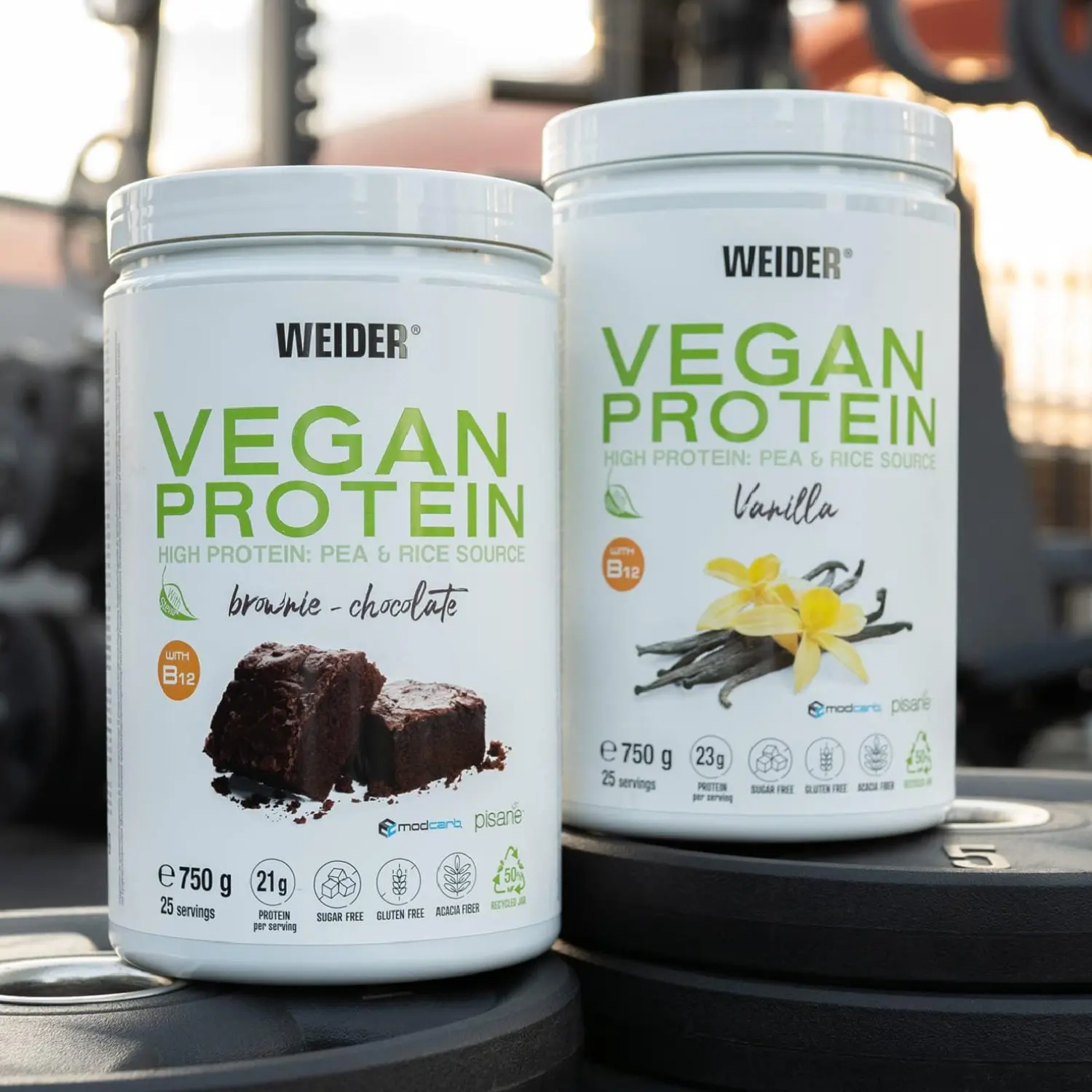 Weider vegan - vegan protein - 750 gr - 23g/dose insulated peas (pisane) and rice. With vitamin b12 and stevia. No gluten, no sugar. Bottle 50% recycled, 100% recyclable