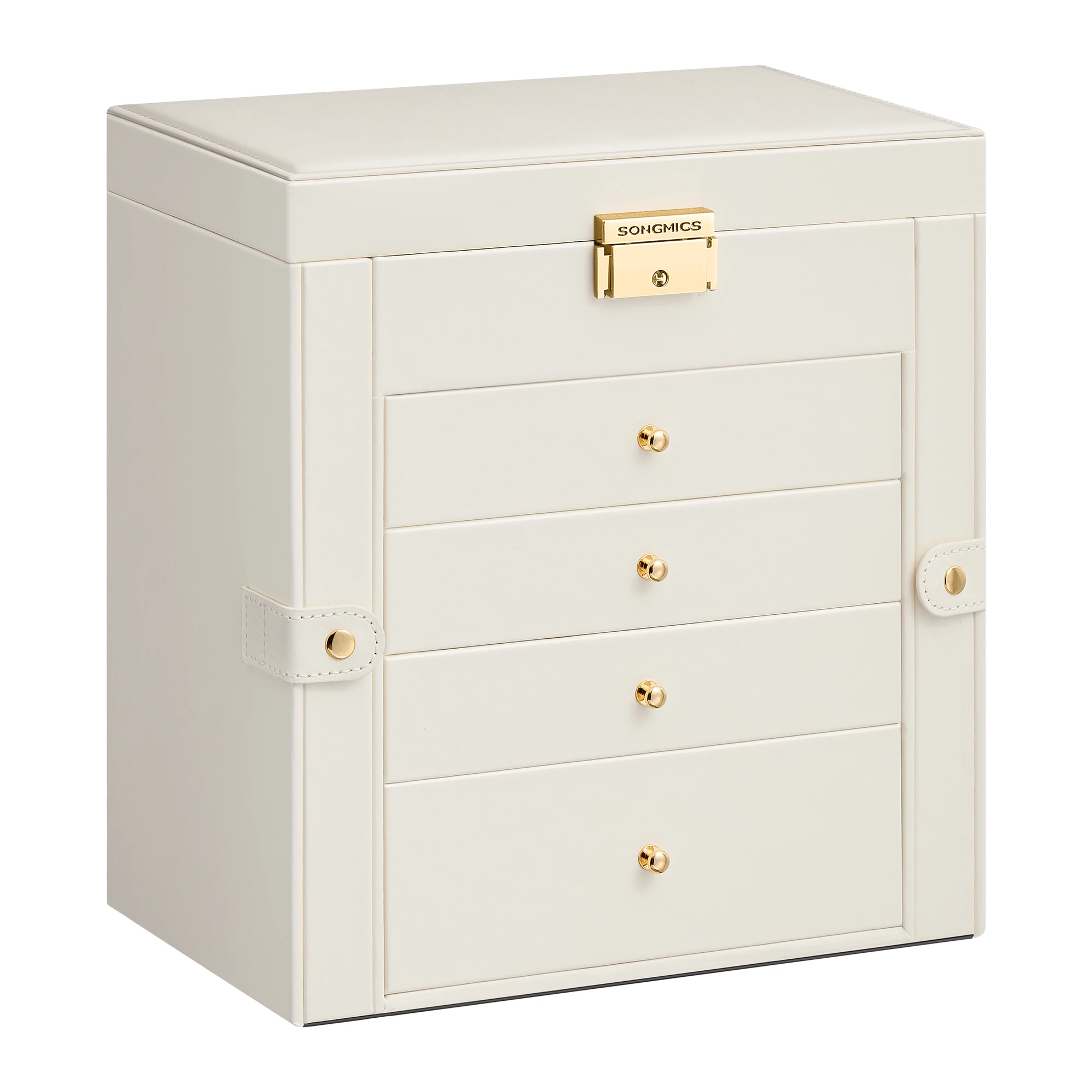 SONGMICS Caja Joyero de 5 Niveles, Caja para Joyas con 4 Cajones, Gran Espacio, Interior con Espejo, Cerradura, Almacenaje de Joyas, Regalo para Seres Queridos, para Relojes, Blanco Crema/Negro Tinta