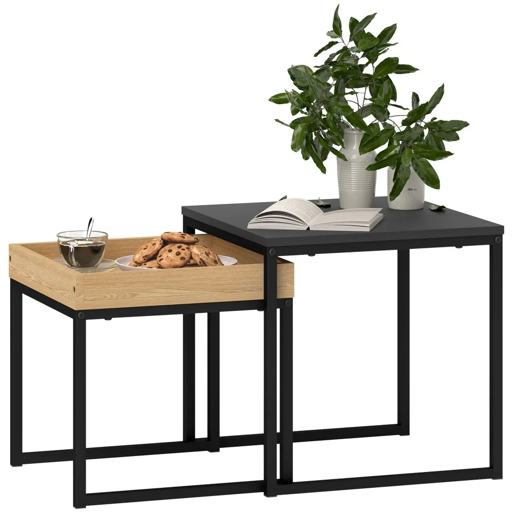 Juego de 2 mesitas de café modernas con patas en forma de U, de madera y acero, 45 x 45 x 45 cm y 40 x 40 x 40 cm, negro