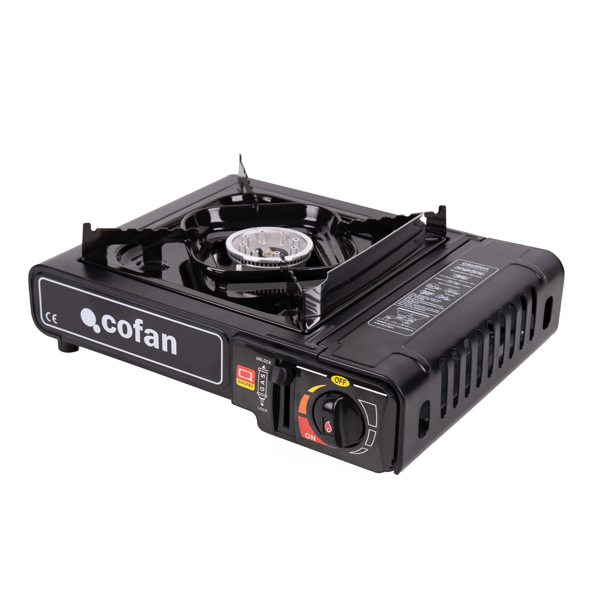 Cofan Hornillo de gas portátil | Boquilla universal | Encendido piezoeléctrico | Adecuado para picnic, camping, exterior | Compatible con butano 220 g y GLP