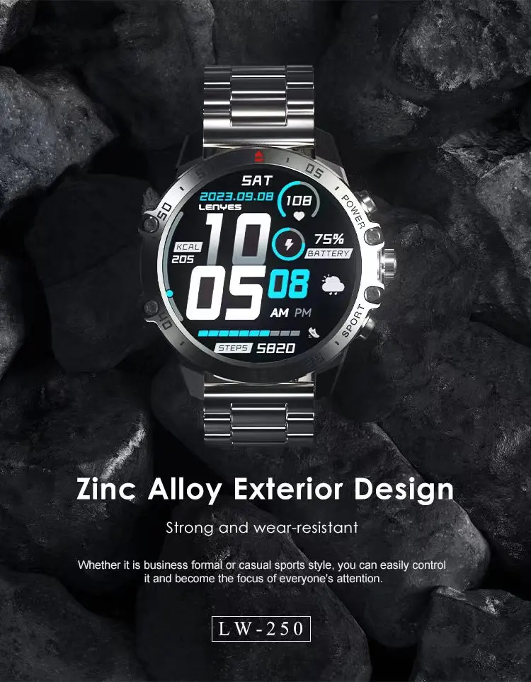 Reloj inteligente LENYES LW-250: pantalla AMOLED táctil de 1,43'', resistencia al agua IP68, monitor de ritmo cardíaco y sueño, Bluetooth 5.2, app GloryFit y carcasa de aleación de zinc