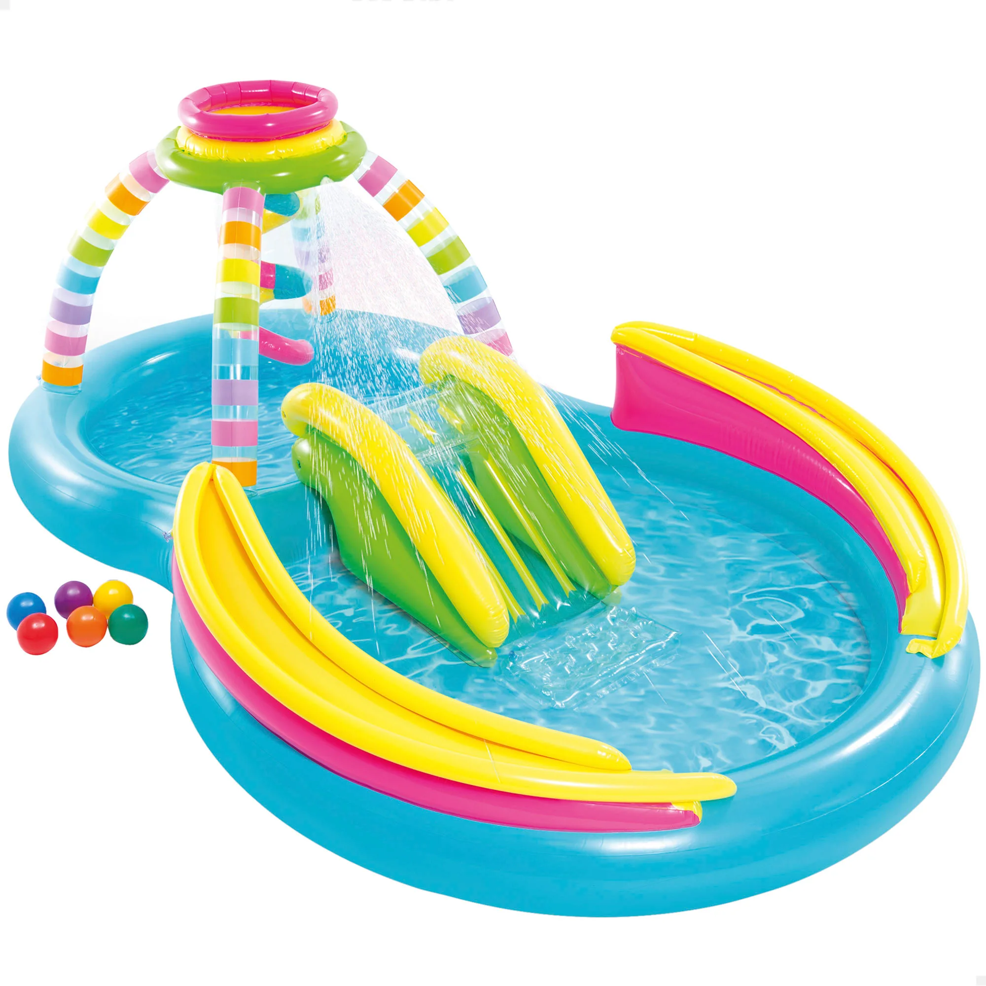 Centro de juegos hinchable agua 2 en 1 multicolor c/tobogán, difusor y juego bolas INTEX